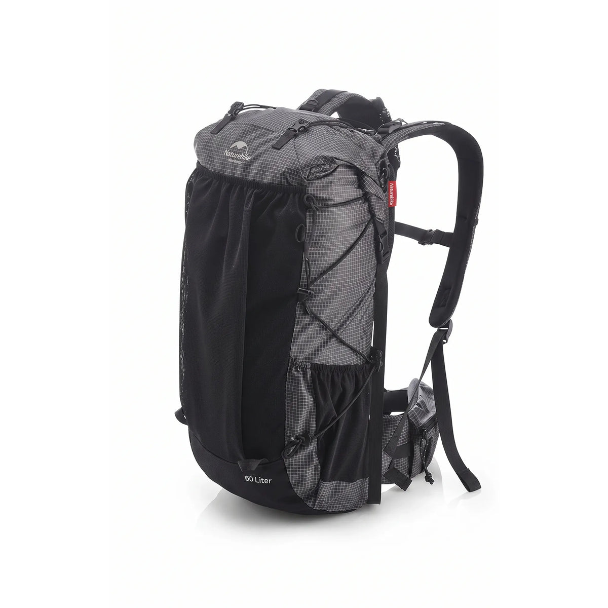 Front view of the Naturehike 60L+5L ultralight hiking backpack in black with expandable storage, mesh front pocket, side pockets, and included rain cover on a white background.