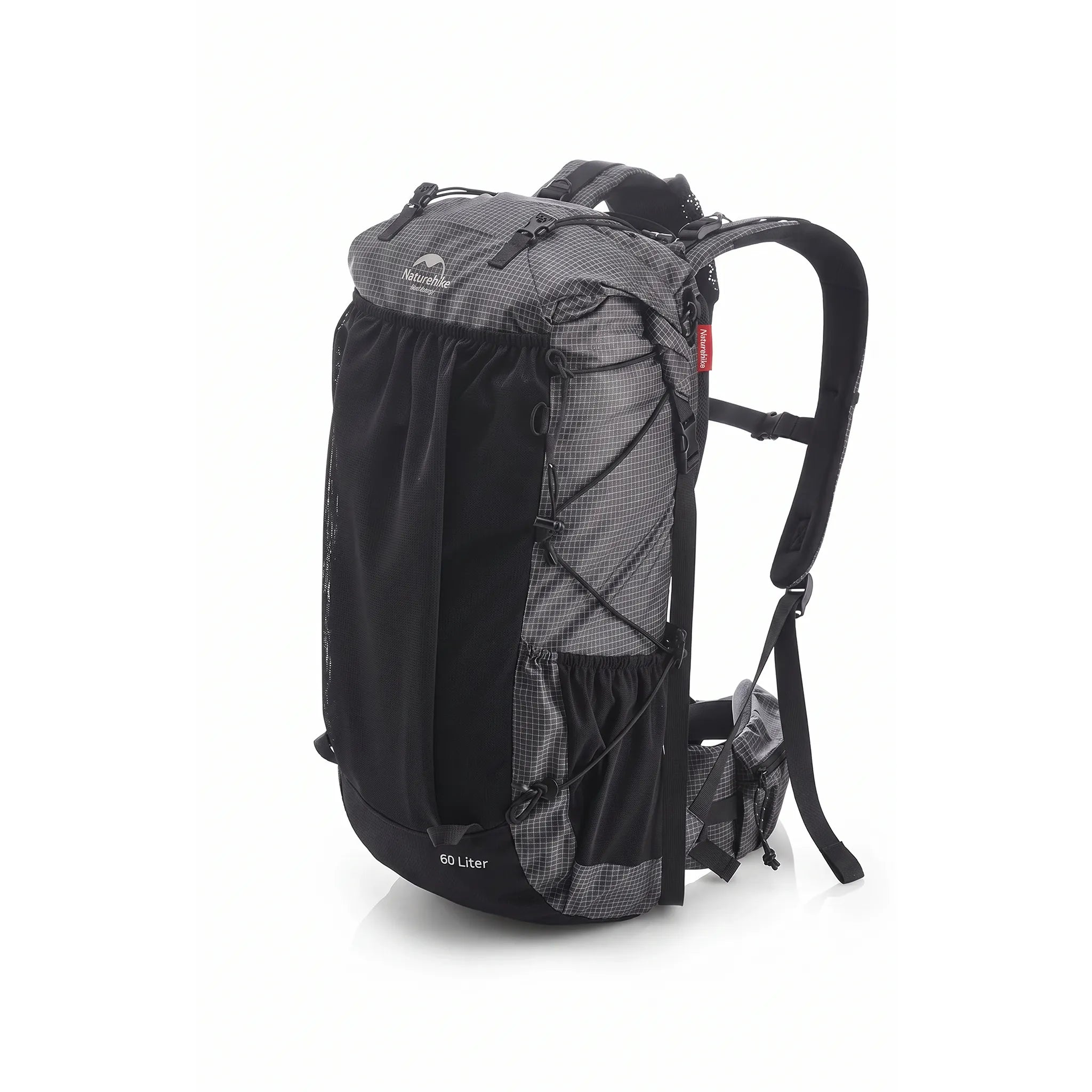 Front view of the Naturehike 60L+5L ultralight hiking backpack in black with expandable storage, mesh front pocket, side pockets, and included rain cover on a white background.