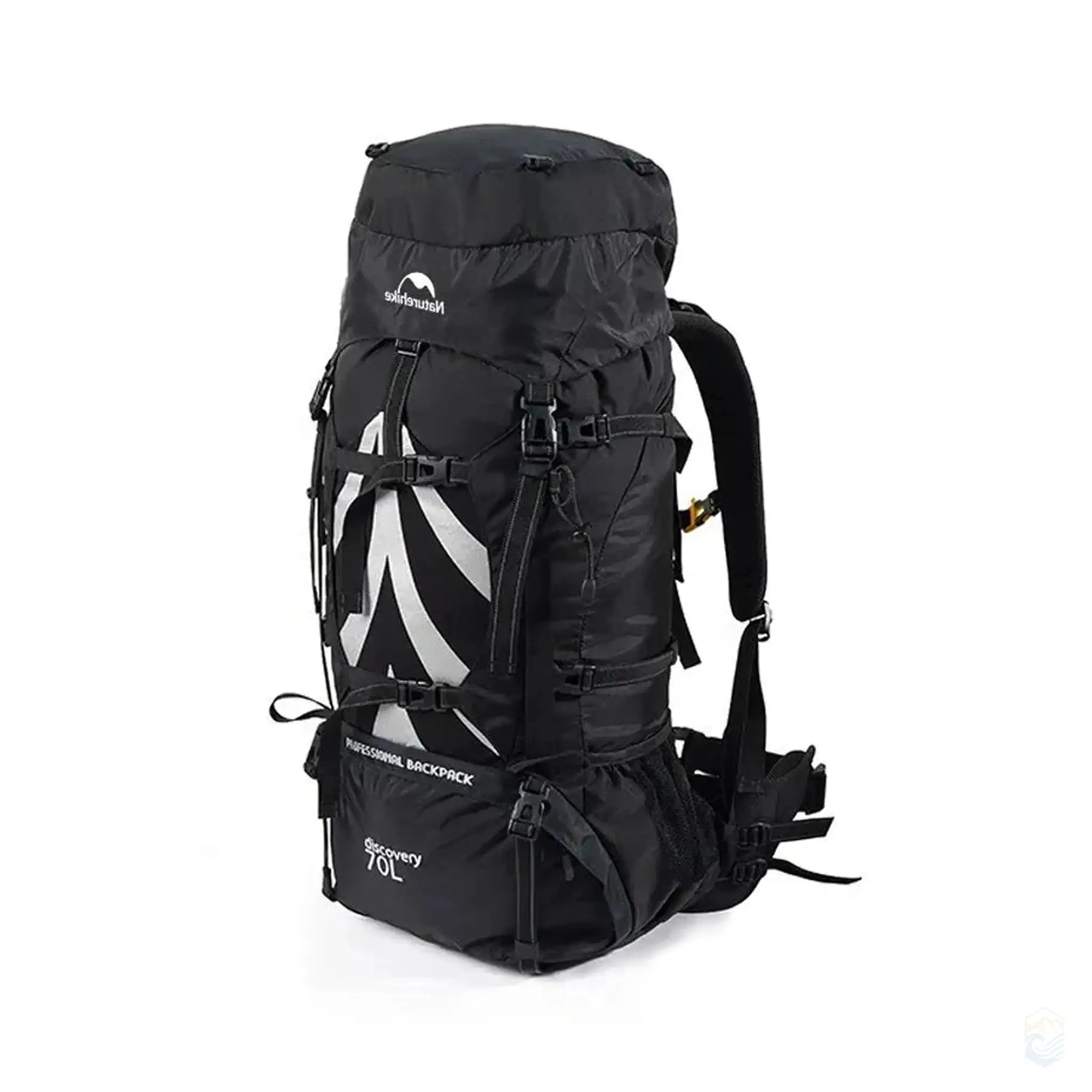 Front view of the Naturehike 70L camping backpack in black, highlighting its large capacity, ergonomic design, and durable construction suitable for extended outdoor adventures.