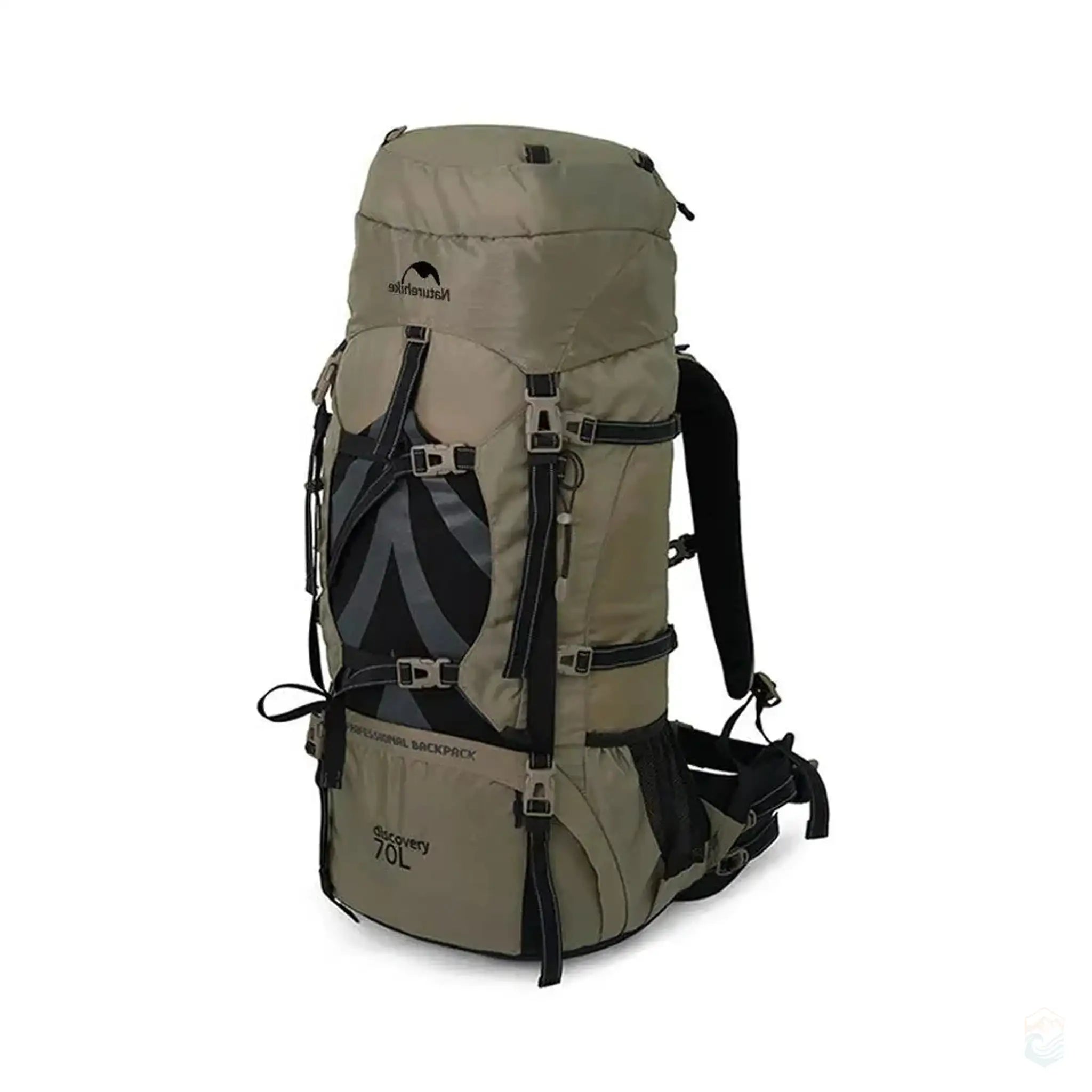 Front view of the Naturehike 70L camping backpack in brown, showcasing its large capacity and ergonomic design with multiple straps and buckles.