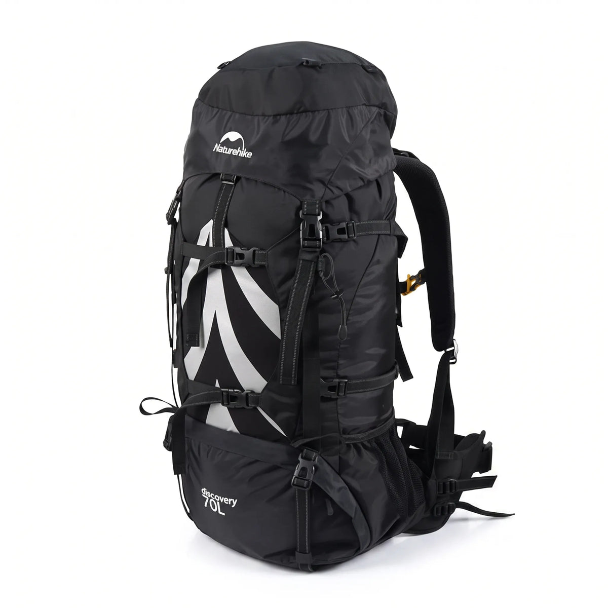 Front view of the black Naturehike 70L mountaineering backpack featuring adjustable compression straps, multiple gear attachment points, and a large-capacity design on a white background.
