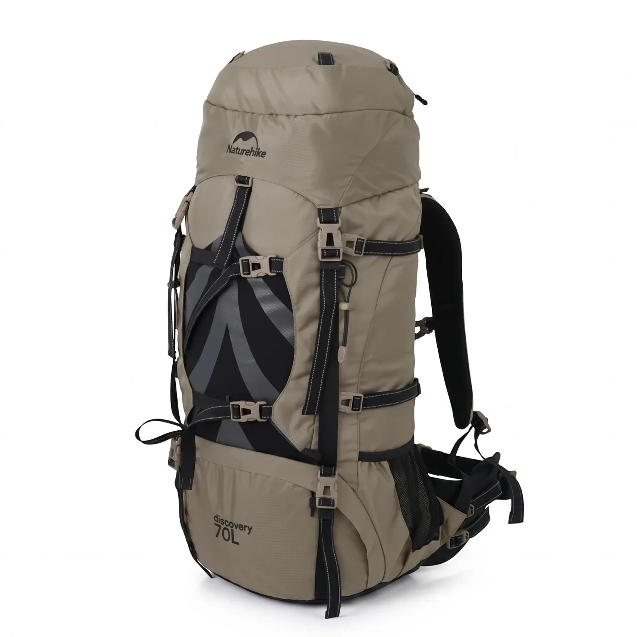 Front view of the brown Naturehike 70L mountaineering backpack with adjustable compression straps, multiple attachment points, and a large-capacity design on a white background.