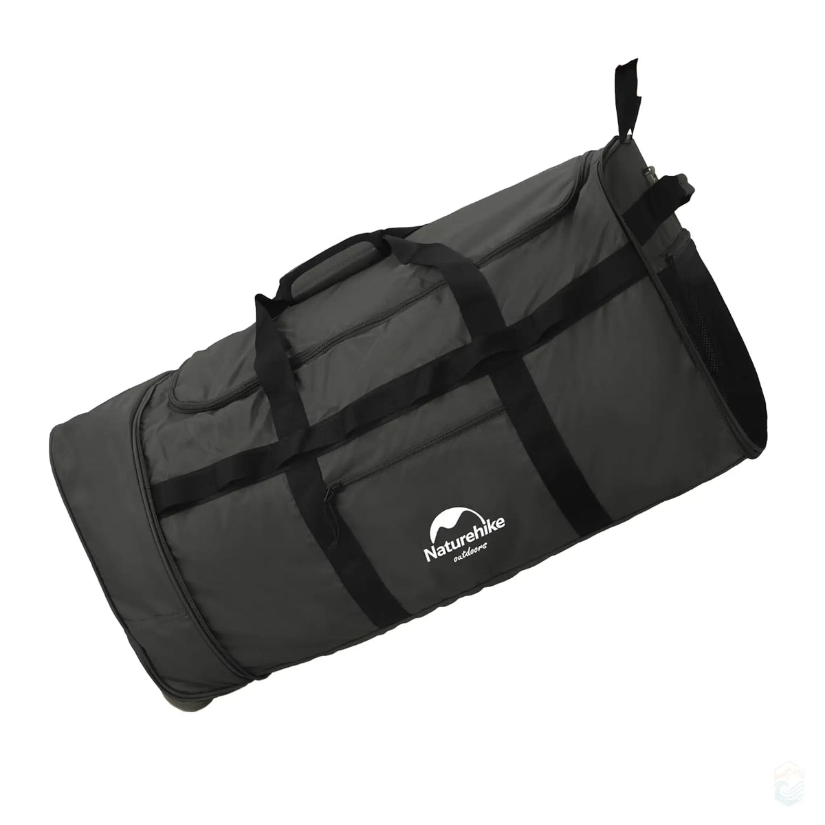 Black Naturehike 88L large capacity camping duffel bag with wheels, shown being carried by a handle, highlighting its portability and durability for outdoor adventures.