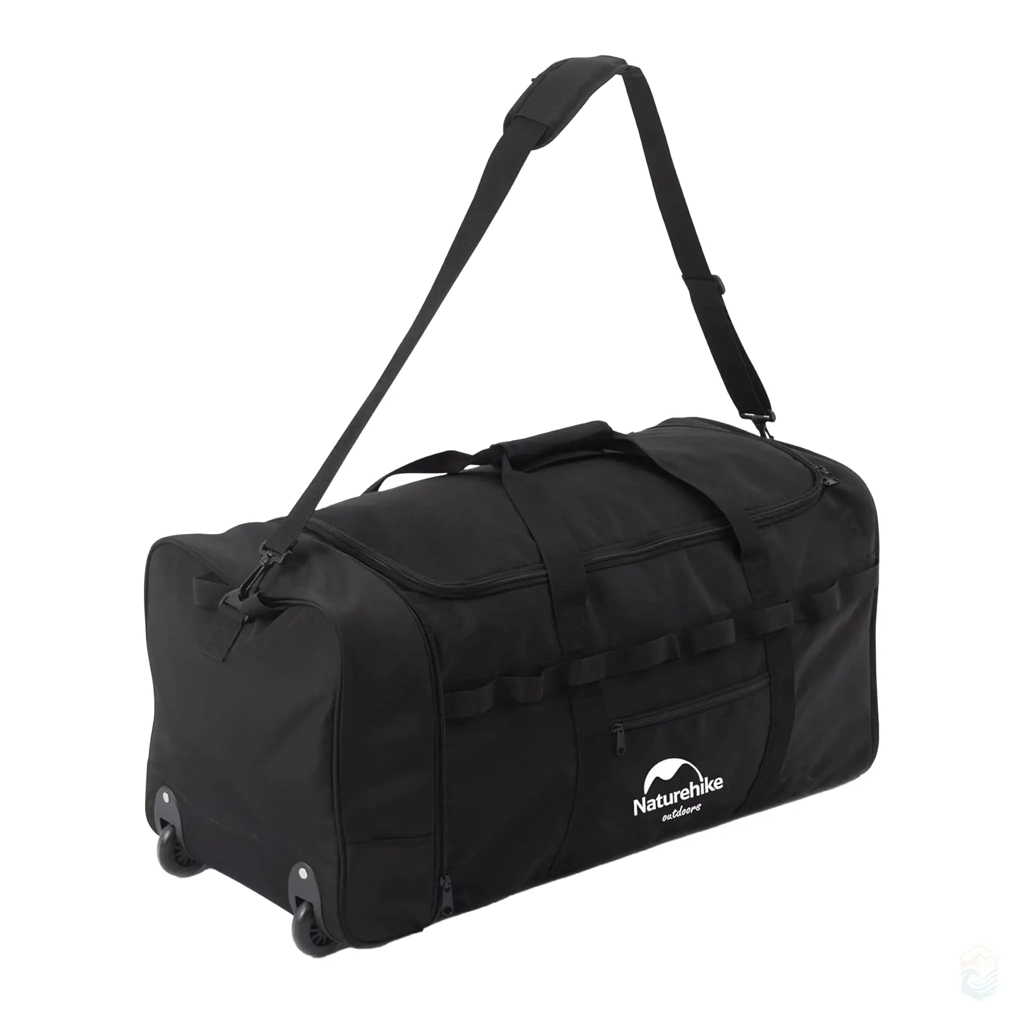 Black Naturehike 88L large capacity camping duffel bag with wheels, featuring an adjustable shoulder strap and durable construction, ideal for transporting camping gear on outdoor adventures.