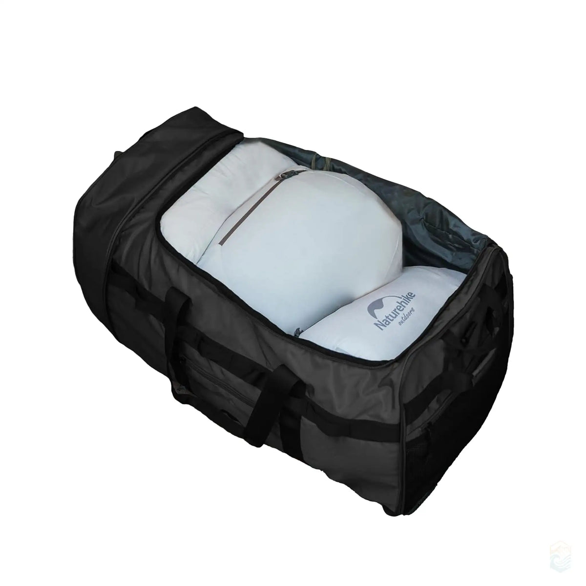 Black Naturehike 88L large capacity camping duffel bag with wheels, demonstrating its spacious interior and dimensions of 28.3 inches by 13.8 inches, ideal for carrying bulky camping gear. The image shows the bag being packed with large items, highlighting its high capacity.