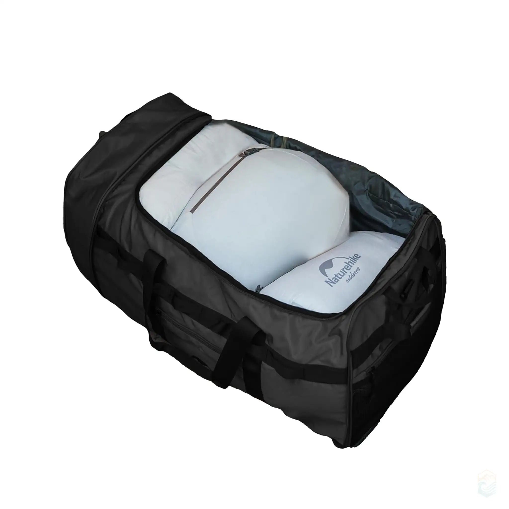 Black Naturehike 88L large capacity camping duffel bag with wheels, demonstrating its spacious interior and dimensions of 28.3 inches by 13.8 inches, ideal for carrying bulky camping gear. The image shows the bag being packed with large items, highlighting its high capacity.