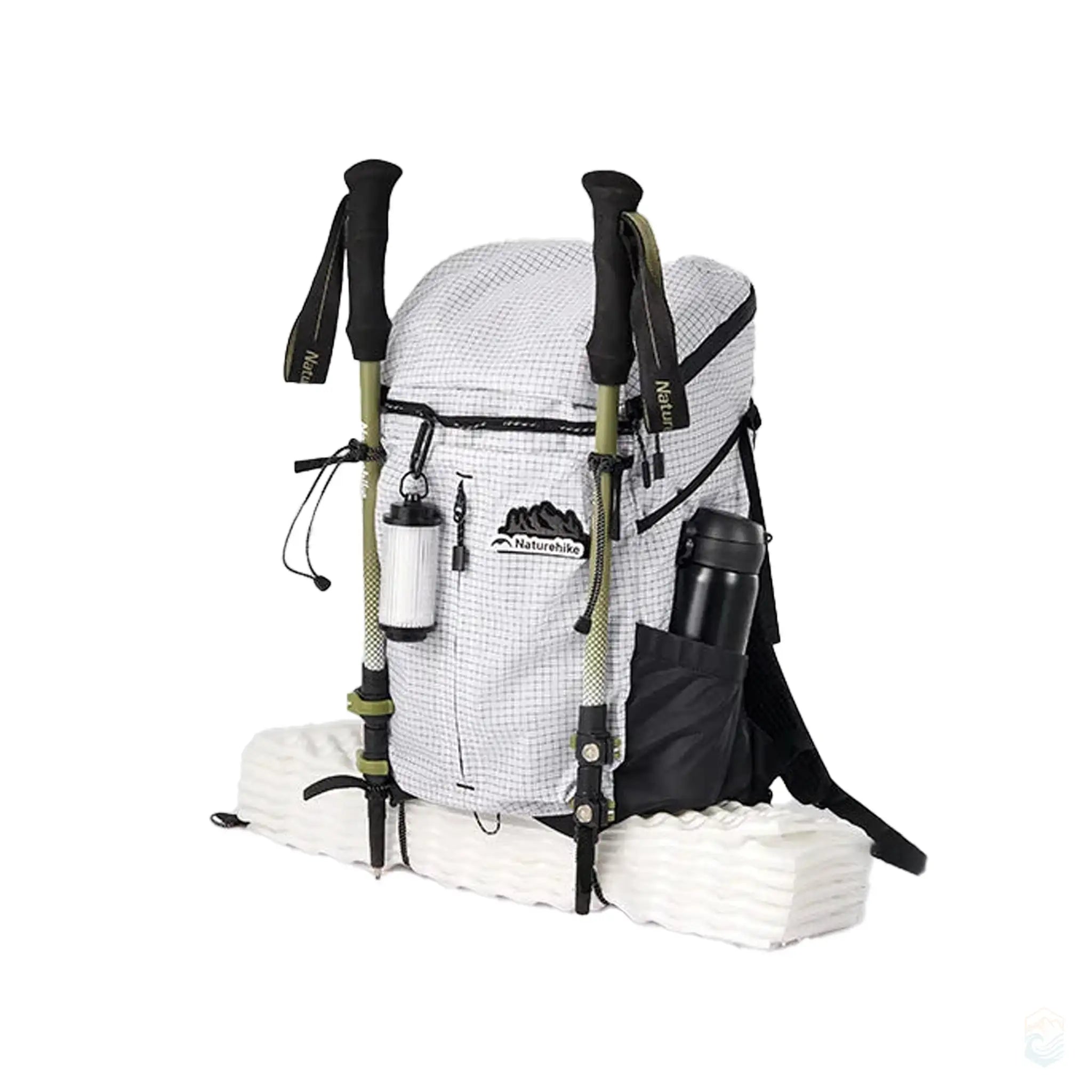 Naturehike outdoor hiking backpack showcasing separate compartments for organized storage, including dedicated pockets for trekking poles, water bottles, and camping gear, designed for efficient packing on outdoor adventures.