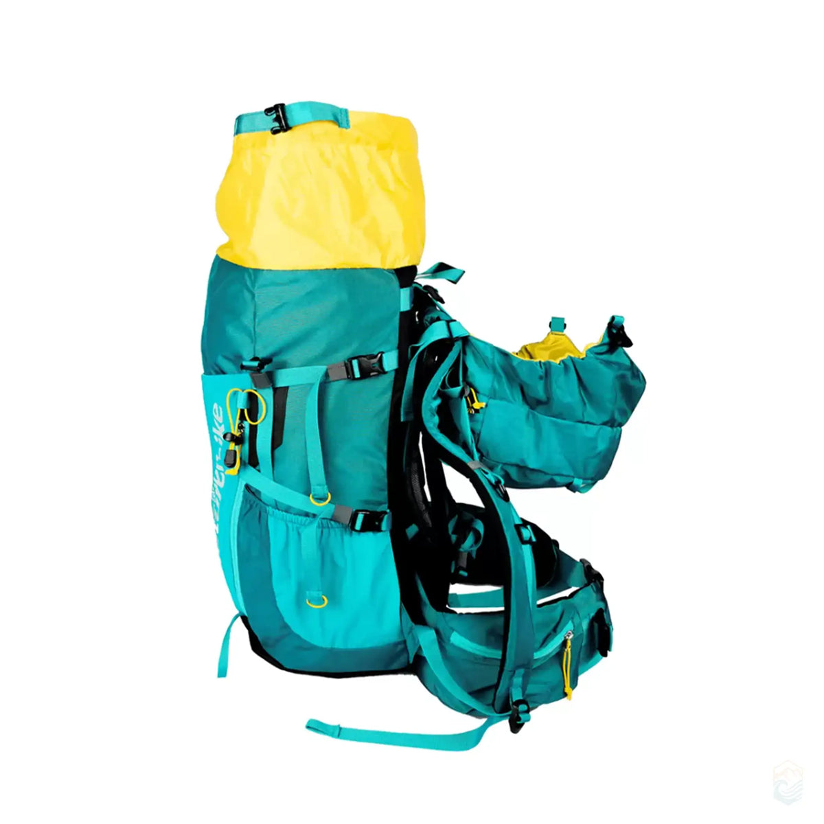 Side view of a Naturehike backpack in teal, showcasing its spacious compartments, adjustable straps, and external gear attachments, including a yellow top cover, ideal for organized and secure packing during hiking or camping.