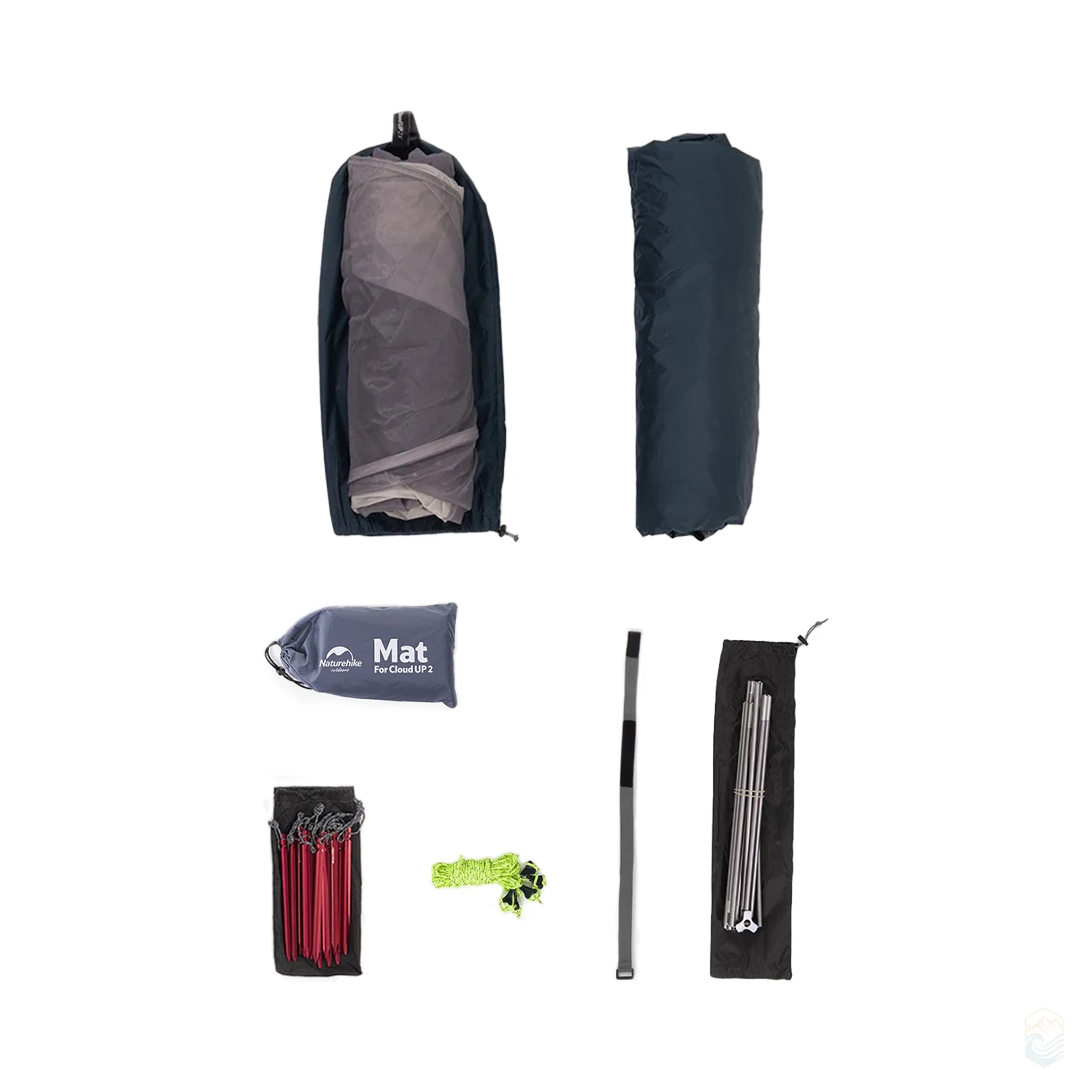 Complete kit layout of the Naturehike Cloud-Up 3 Person Tent showing tent body, rainfly, ground mat, stakes, guy lines, strap, and poles organized separately