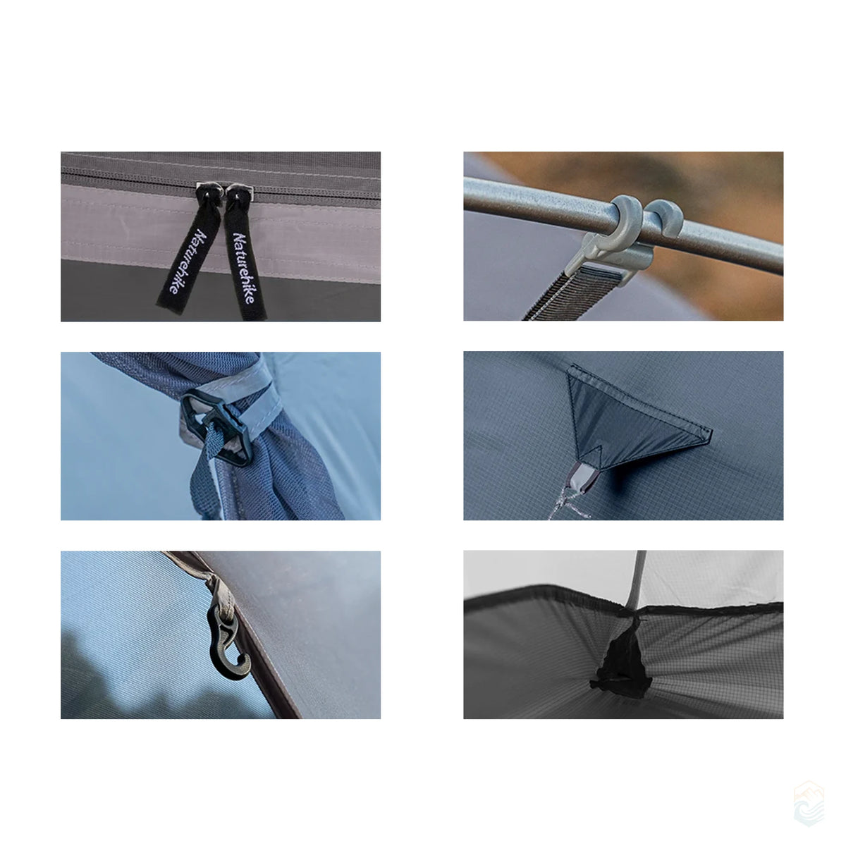 Close-up collage showing zipper pulls, pole clips, hooks, reinforced seams, and mesh storage pocket of the Naturehike Cloud-Up 3 Person Tent