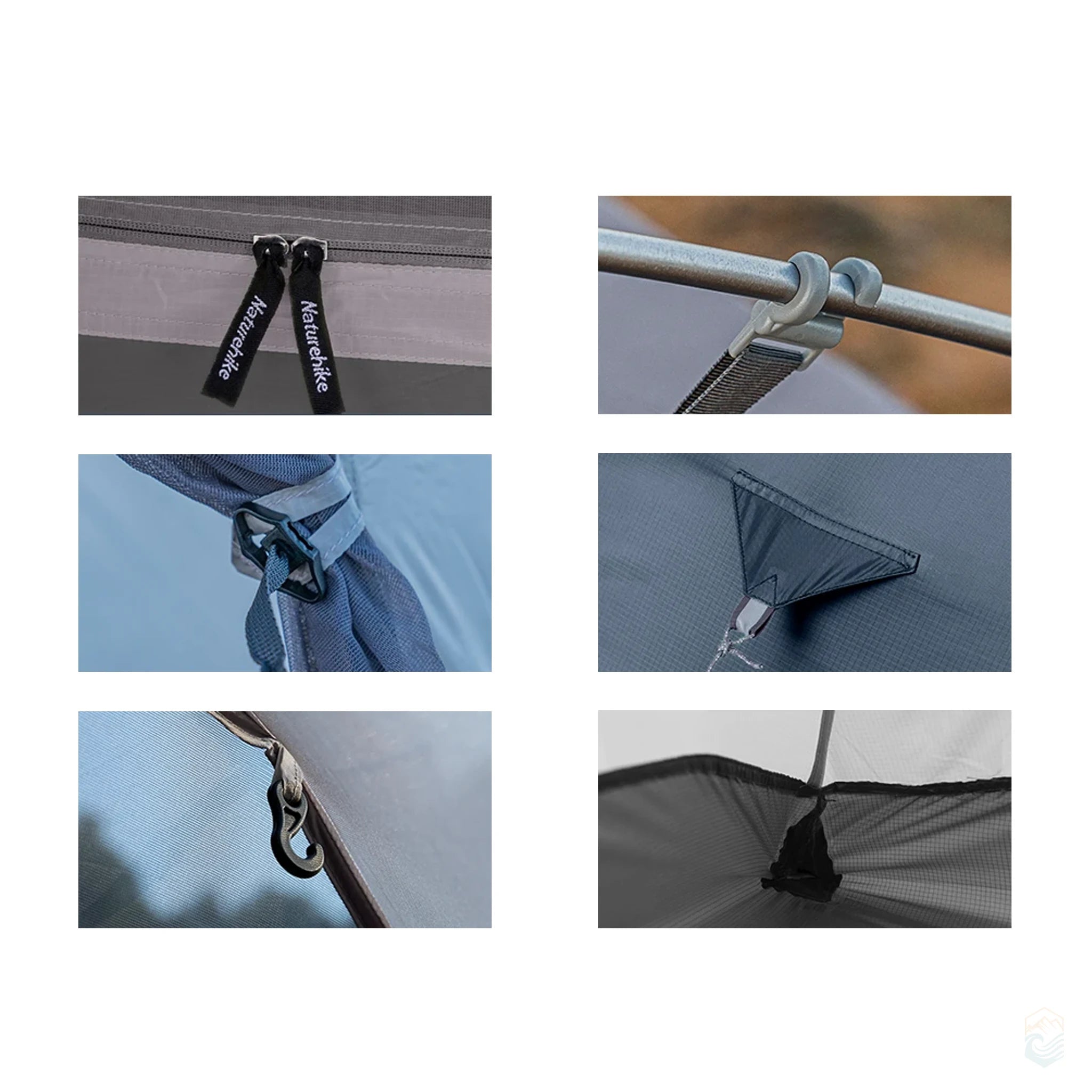 Close-up collage showing zipper pulls, pole clips, hooks, reinforced seams, and mesh storage pocket of the Naturehike Cloud-Up 3 Person Tent