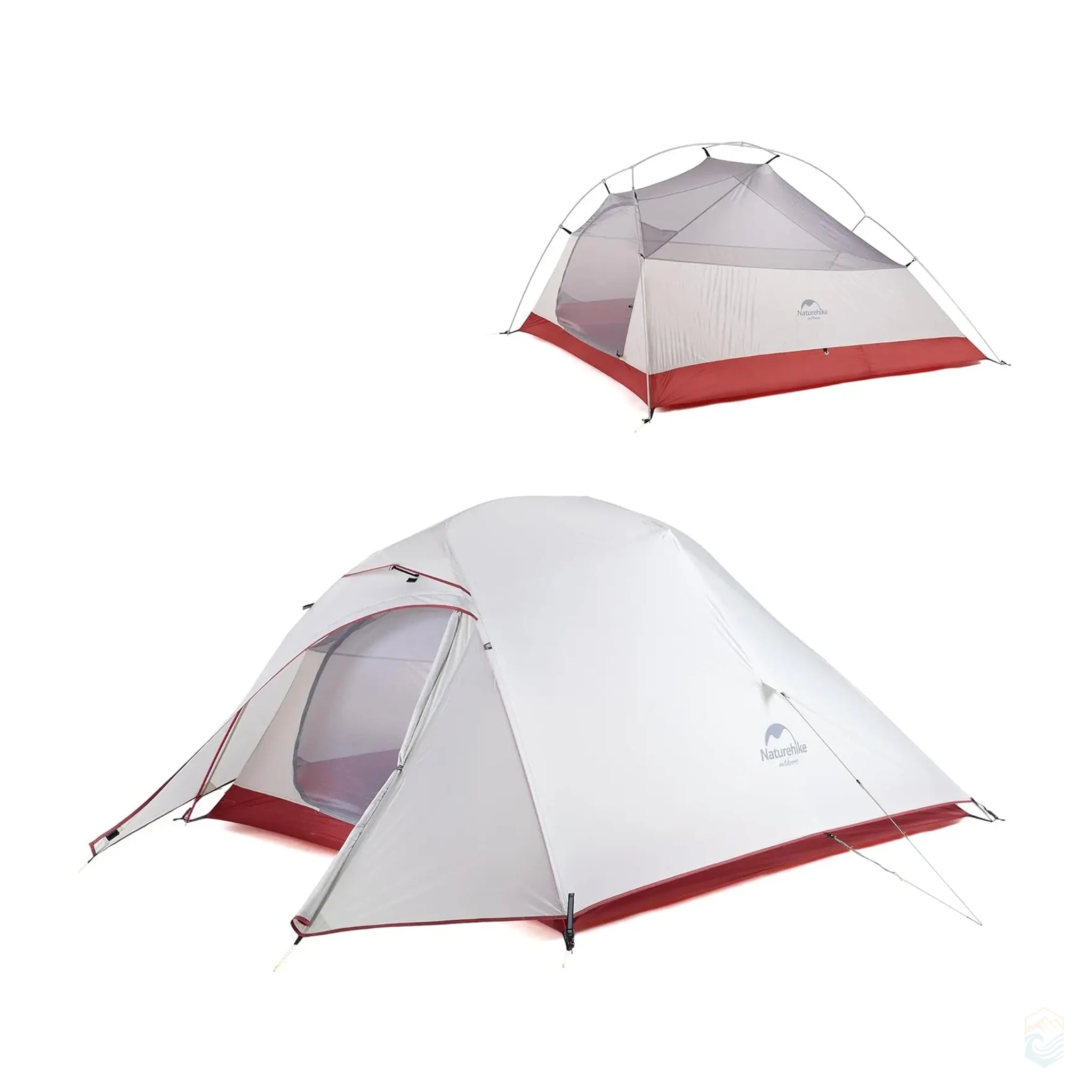Naturehike Cloud-Up 3 Person tent in gray with red trim, shown with full rainfly and mesh inner tent, 20D silicon-coated fabric