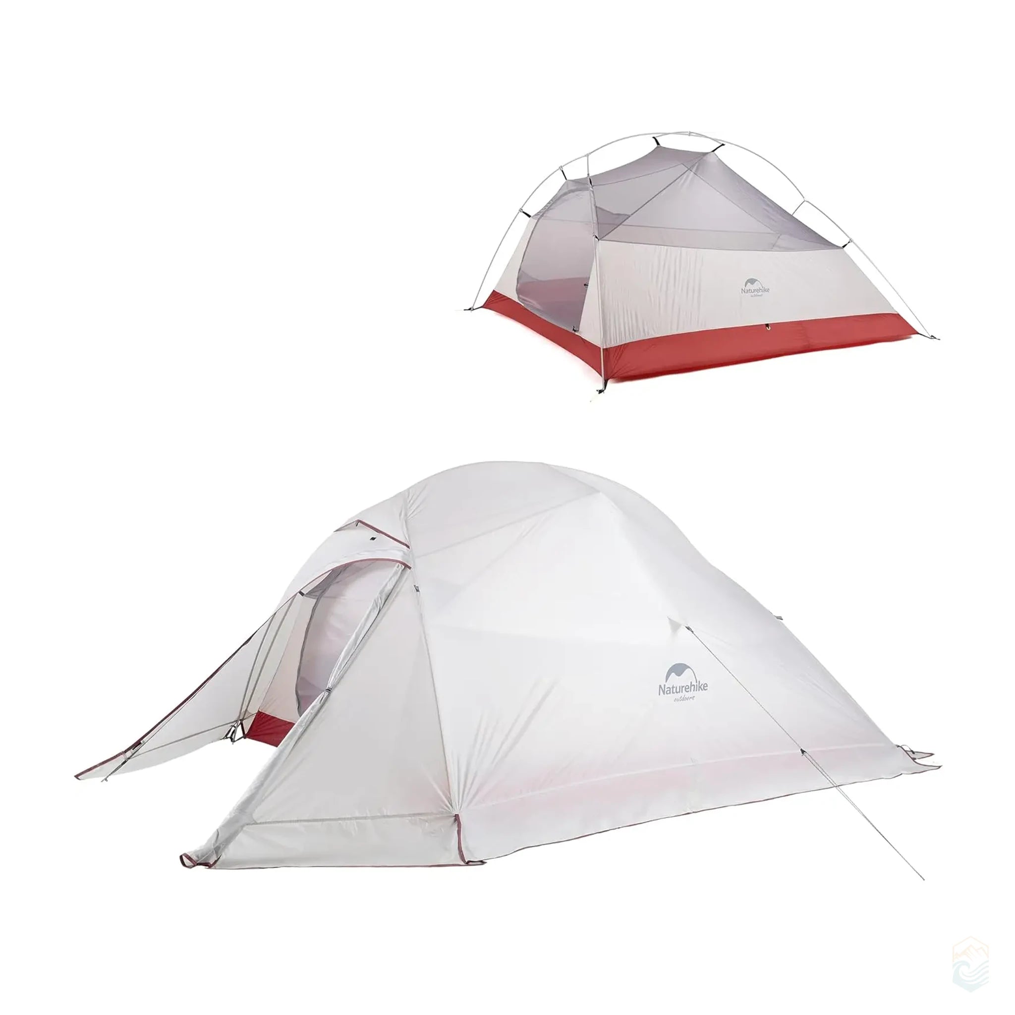 Cloud-Up 3 Person tent in gray 210T polyester with red accents, featuring full coverage rainfly and breathable inner mesh tent