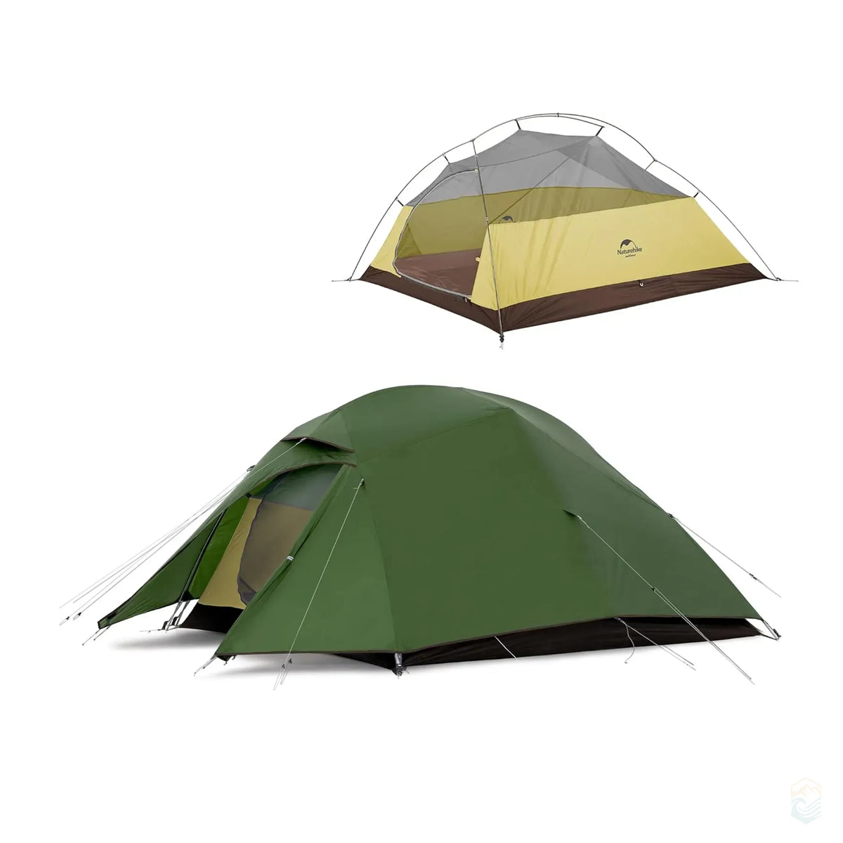 Naturehike Cloud-Up 3 Person tent in green 20D silicon with yellow mesh interior and rainfly fully pitched for three-season camping