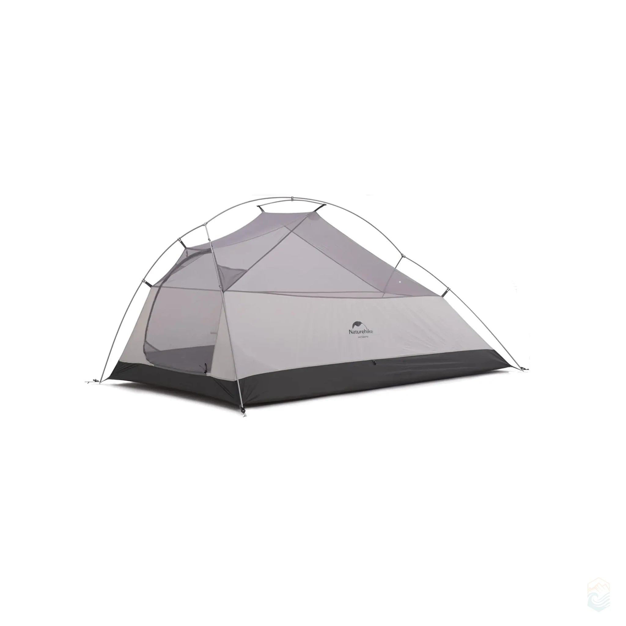 Inner view of the Naturehike Cloud-Up 3 Person tent showing gray mesh and fabric floor with freestanding pole structure, ideal for ventilation and lightweight backpacking