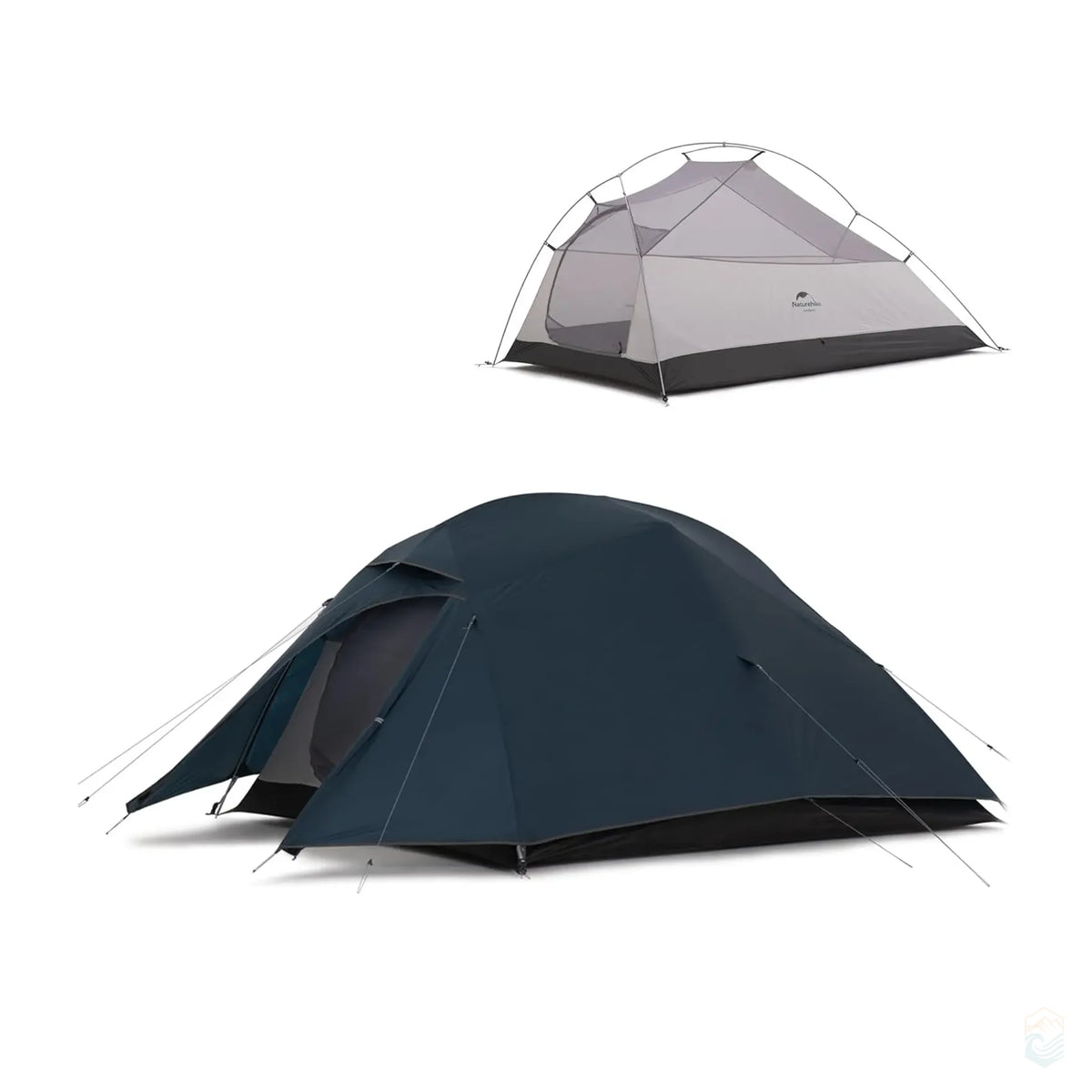 Naturehike Cloud-Up 3 Person navy blue tent shown with rainfly setup and mesh inner tent displayed separately on white background