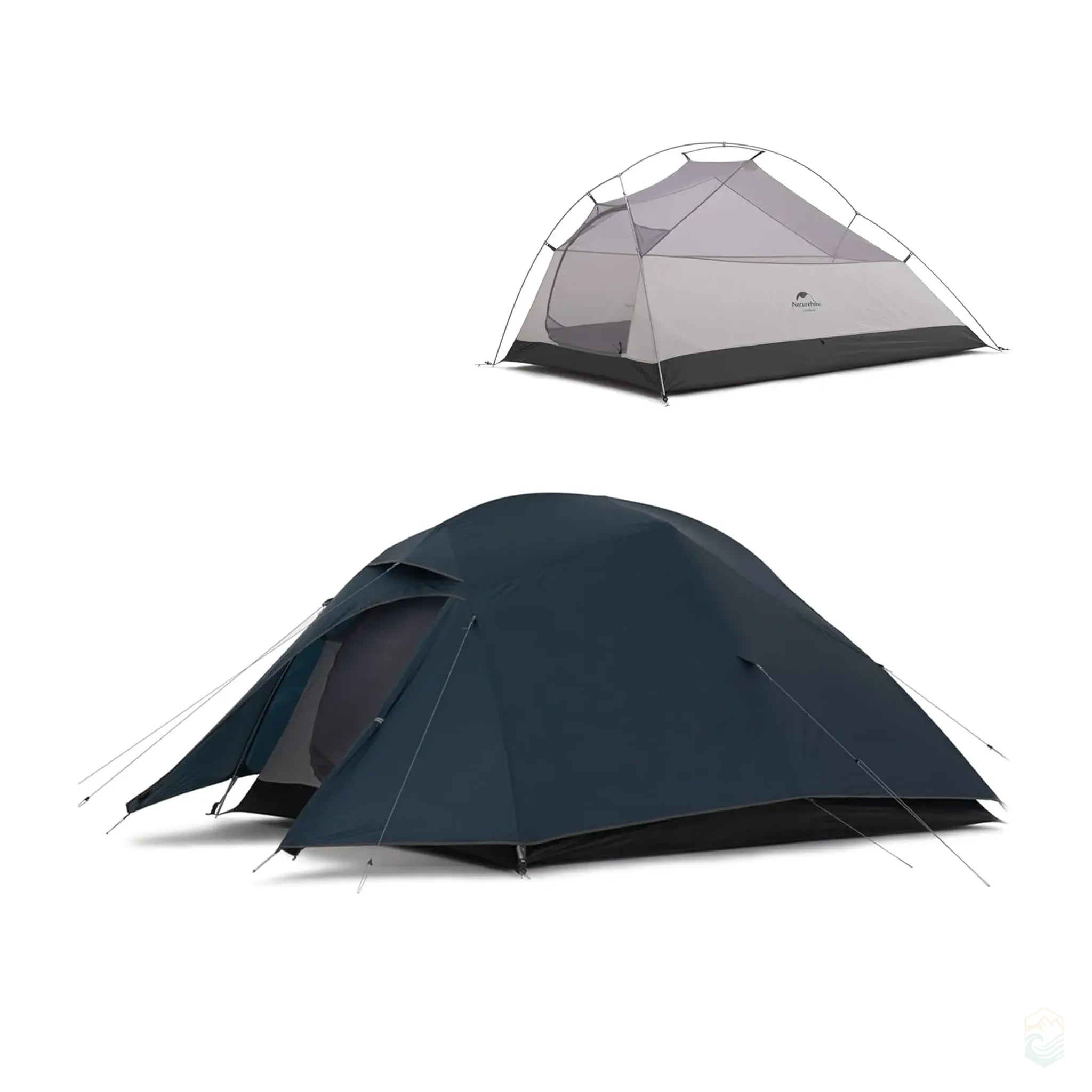 Naturehike Cloud-Up 3 Person navy blue tent shown with rainfly setup and mesh inner tent displayed separately on white background