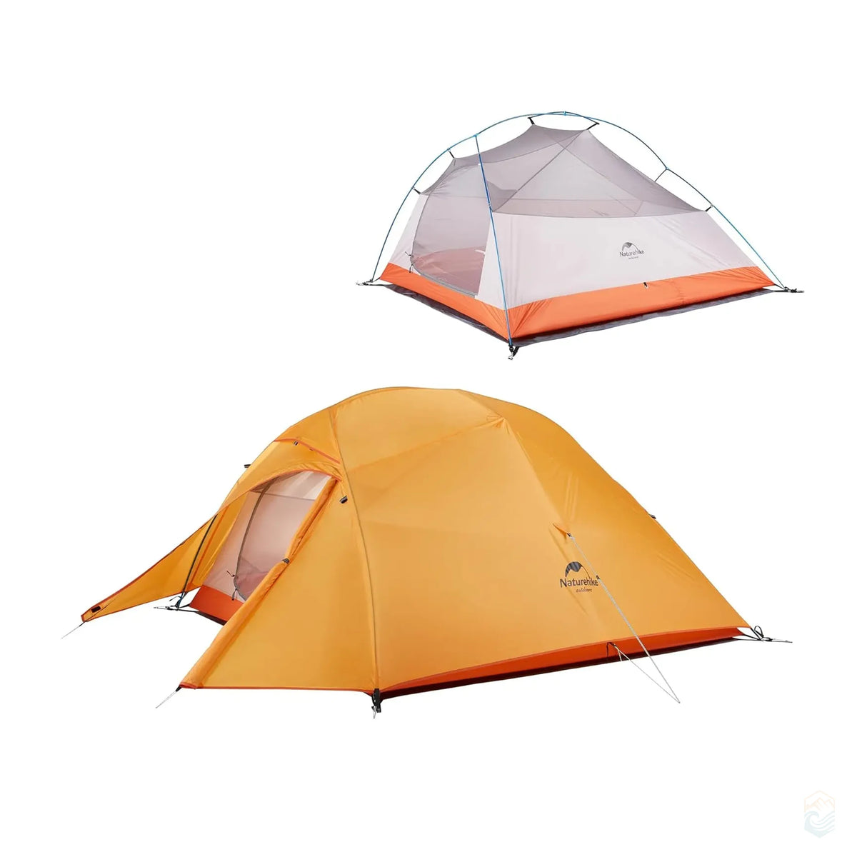 Cloud-Up 3 Person tent in orange 210T polyester with mesh inner tent and full rainfly pitched for weather protection