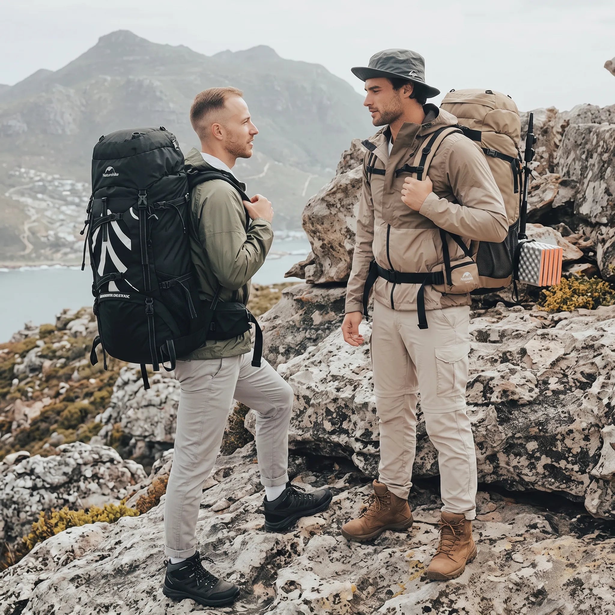 Two hikers wearing Naturehike Discovery 70L backpacks while trekking across a rocky mountain trail during a backpacking adventure.