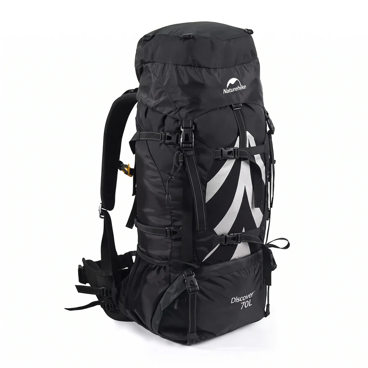 Front view of the Naturehike Discovery 70L hiking backpack in black featuring adjustable compression straps, multiple gear attachment points, and a large-capacity design on a white background.