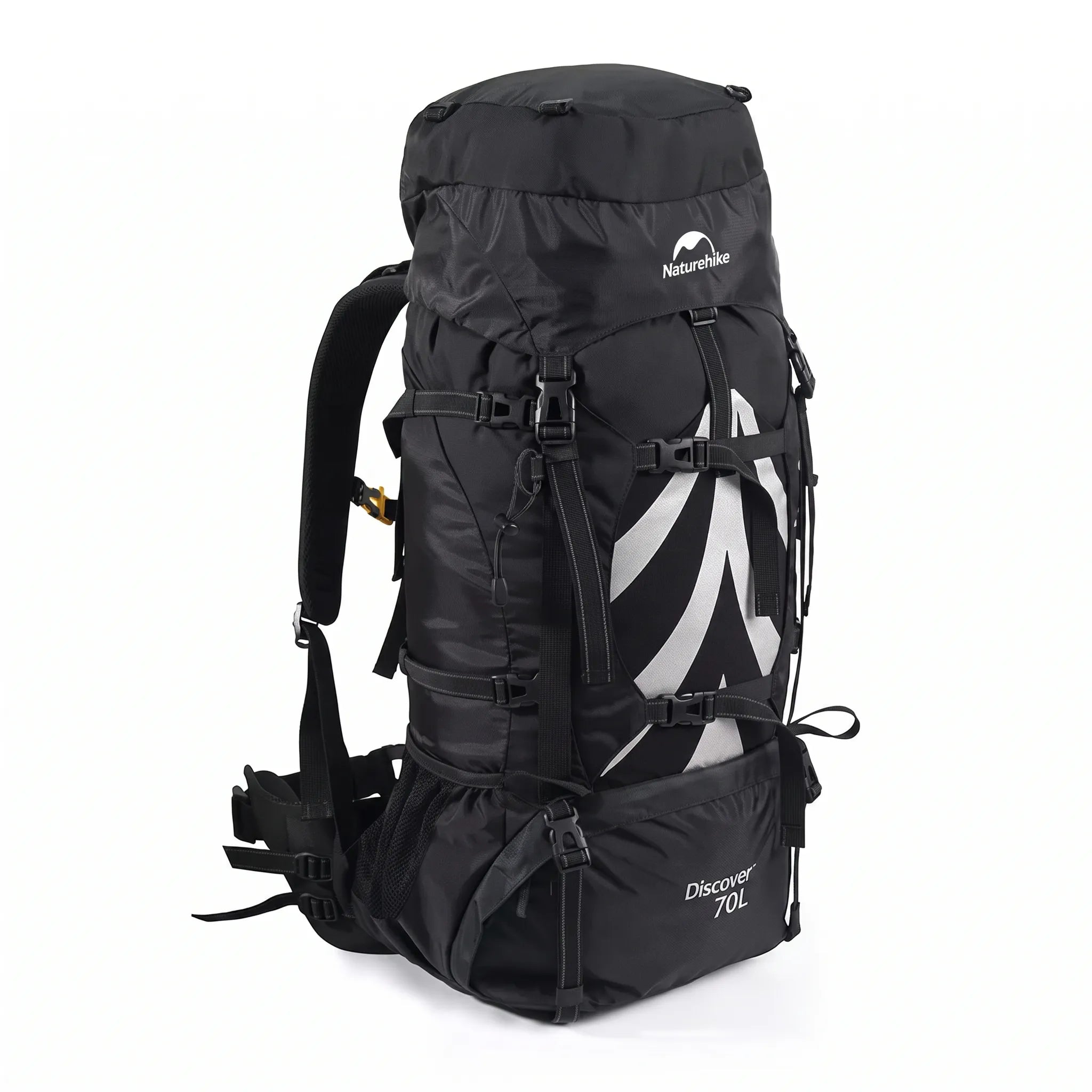 Front view of the Naturehike Discovery 70L hiking backpack in black featuring adjustable compression straps, multiple gear attachment points, and a large-capacity design on a white background.
