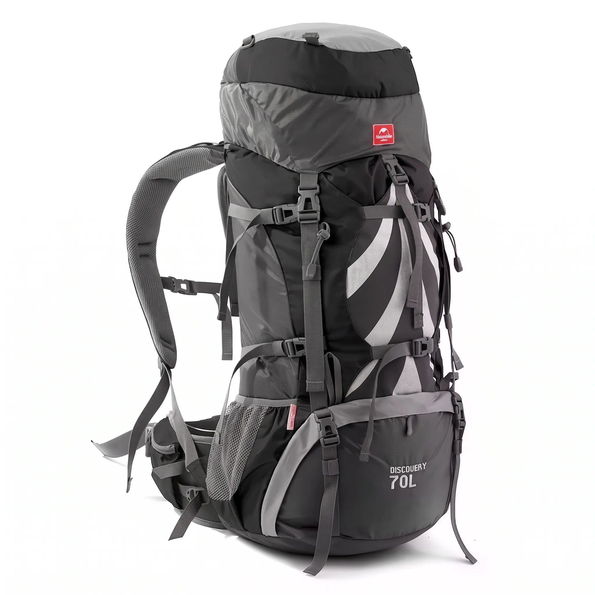 Front view of the Naturehike Discovery 70L hiking backpack in black and gray featuring adjustable compression straps, multiple storage compartments, and a large-capacity design on a white background.