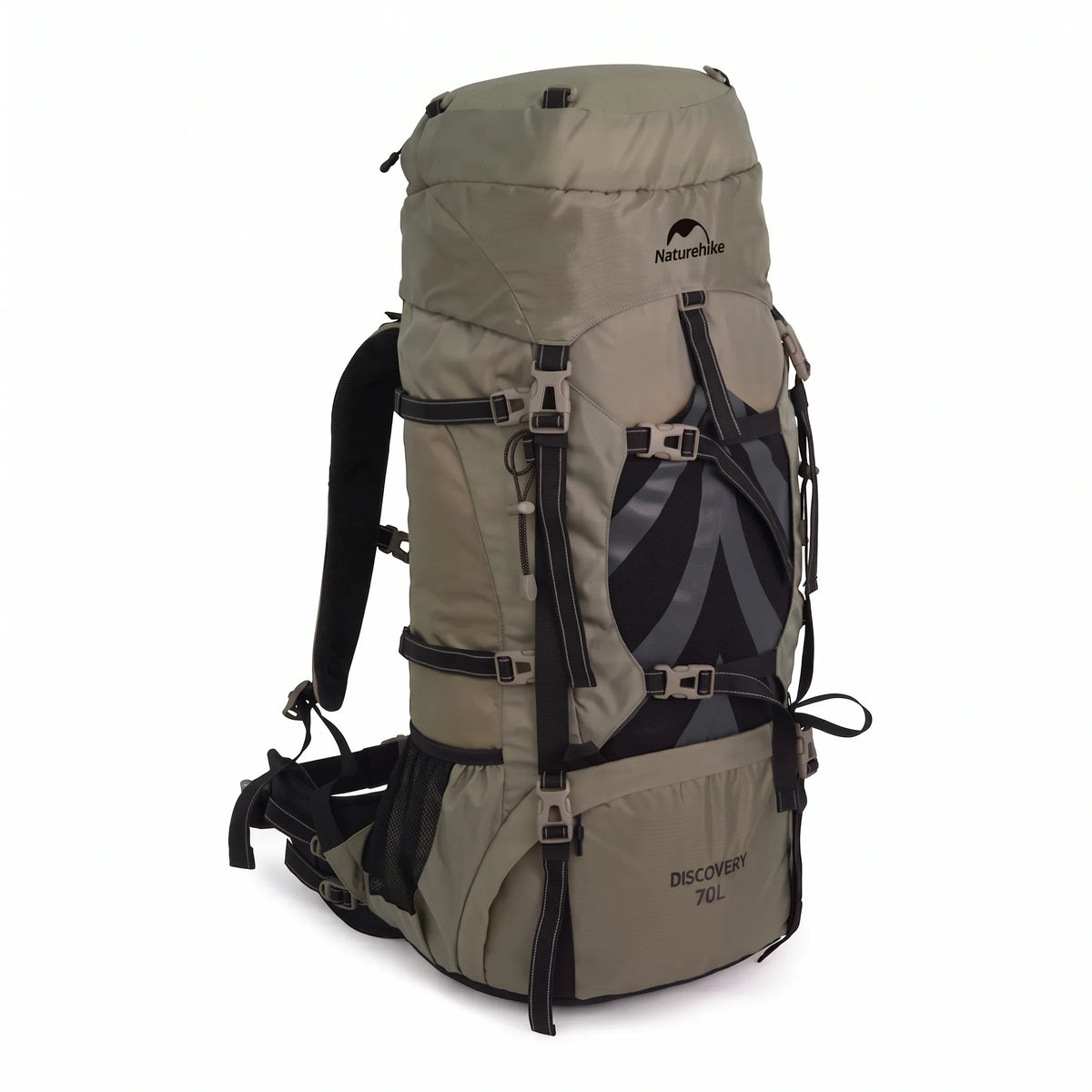 Front view of the Naturehike Discovery 70L hiking backpack in brown featuring adjustable compression straps, multiple gear attachment points, and a large-capacity design on a white background.