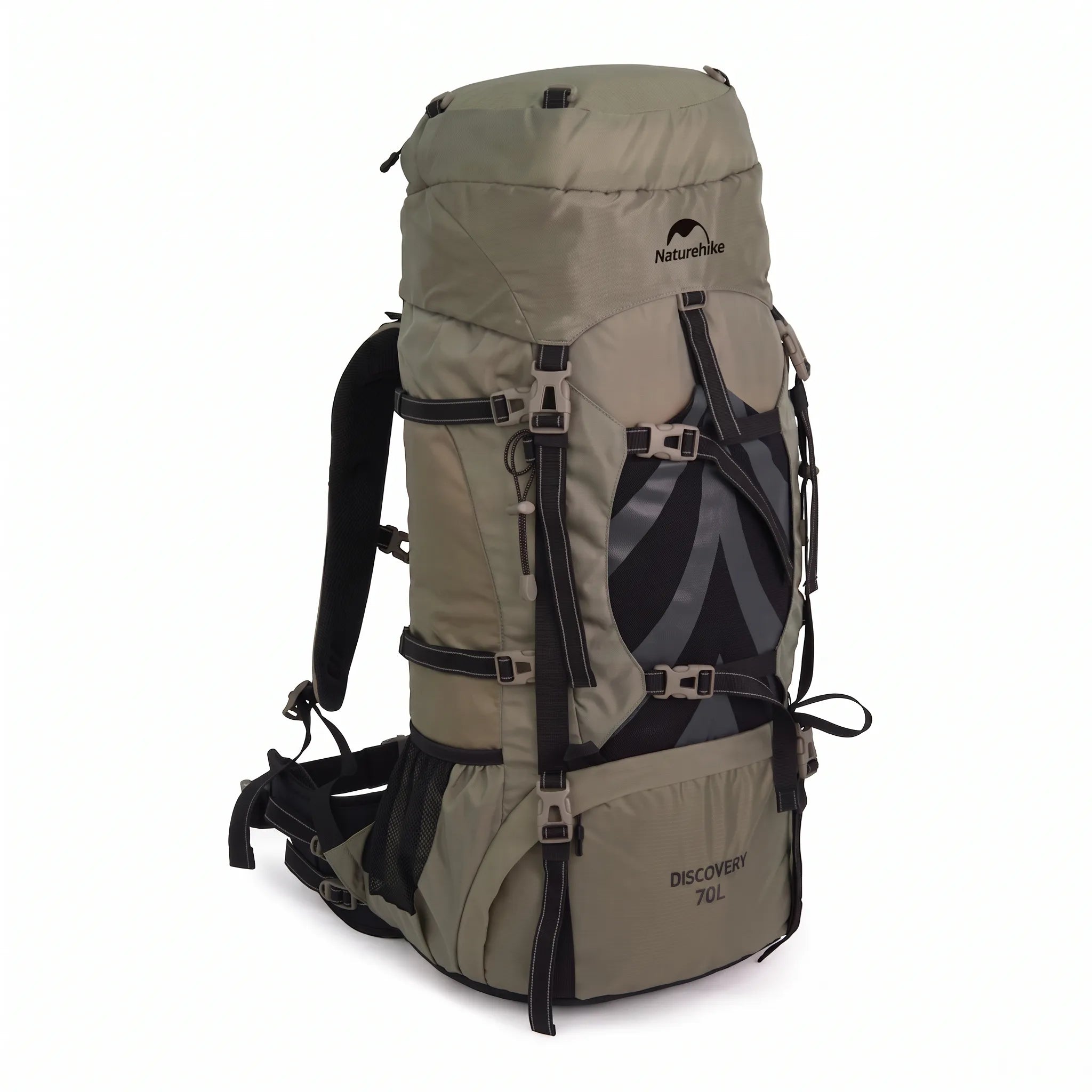 Front view of the Naturehike Discovery 70L hiking backpack in brown featuring adjustable compression straps, multiple gear attachment points, and a large-capacity design on a white background.