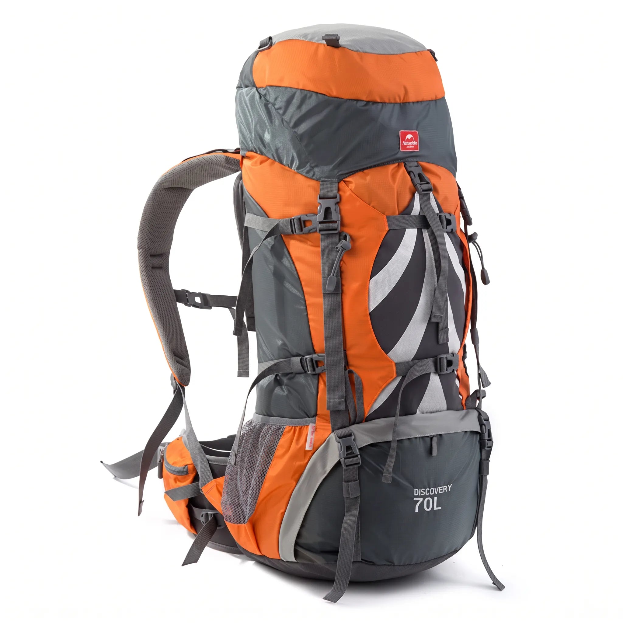 Front view of the Naturehike Discovery 70L hiking backpack in orange and gray featuring adjustable compression straps, multiple gear attachment points, and a large-capacity design on a white background.