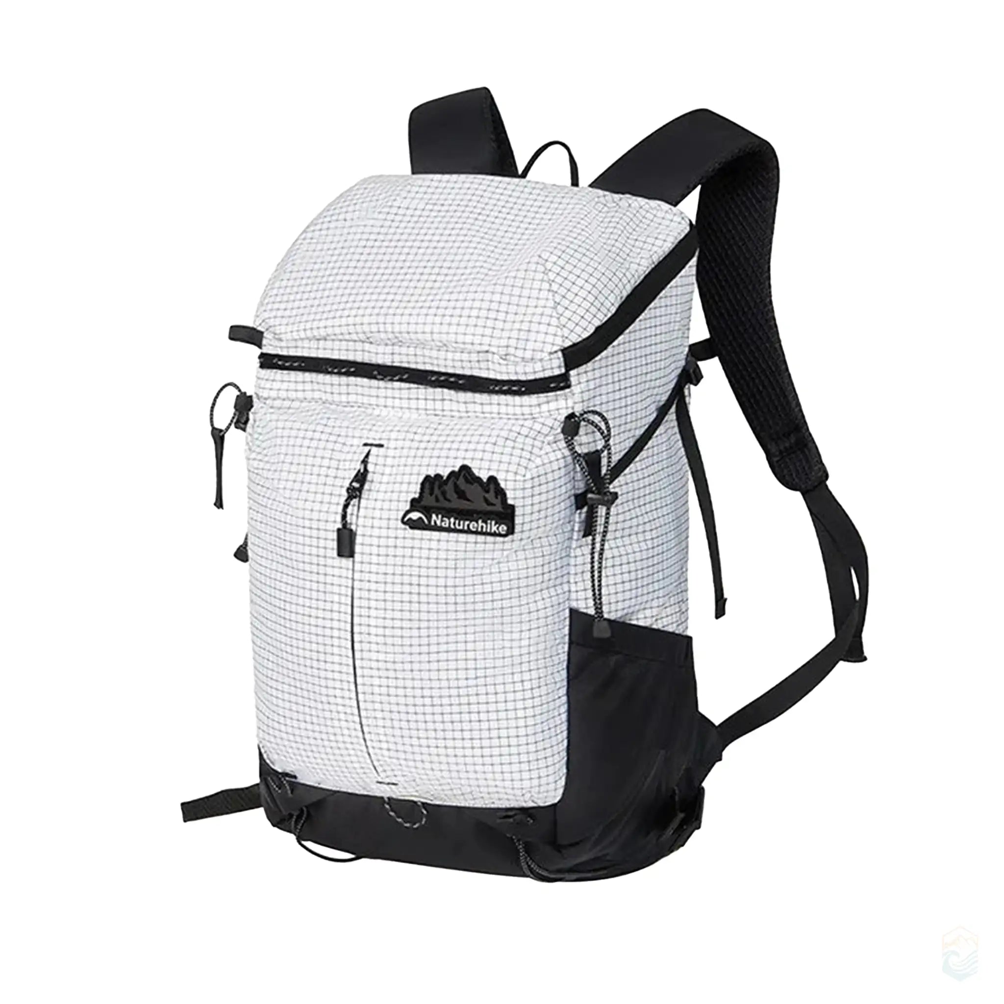 Naturehike outdoor hiking backpack in a white grid pattern, featuring a lightweight design, multiple zippered compartments, and adjustable shoulder straps, ideal for day hikes, camping trips, and outdoor adventures.