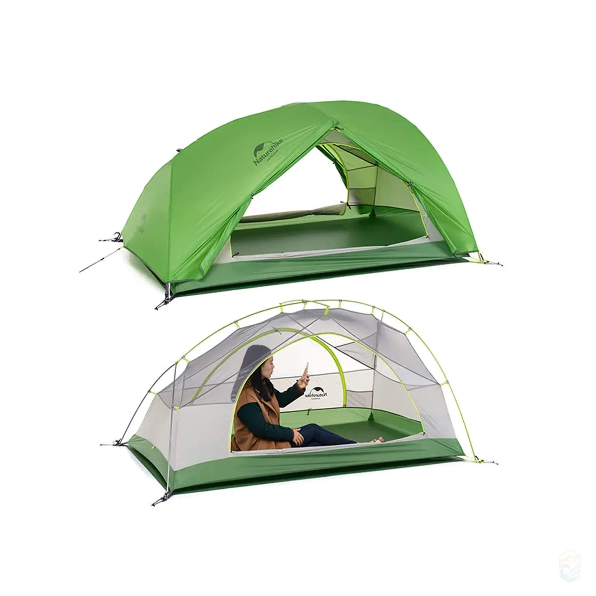 Naturehike Star River 2-person green camping tent shown with rainfly exterior and inner mesh structure exposed, featuring a seated camper inside for size reference, ideal for lightweight backpacking and hiking