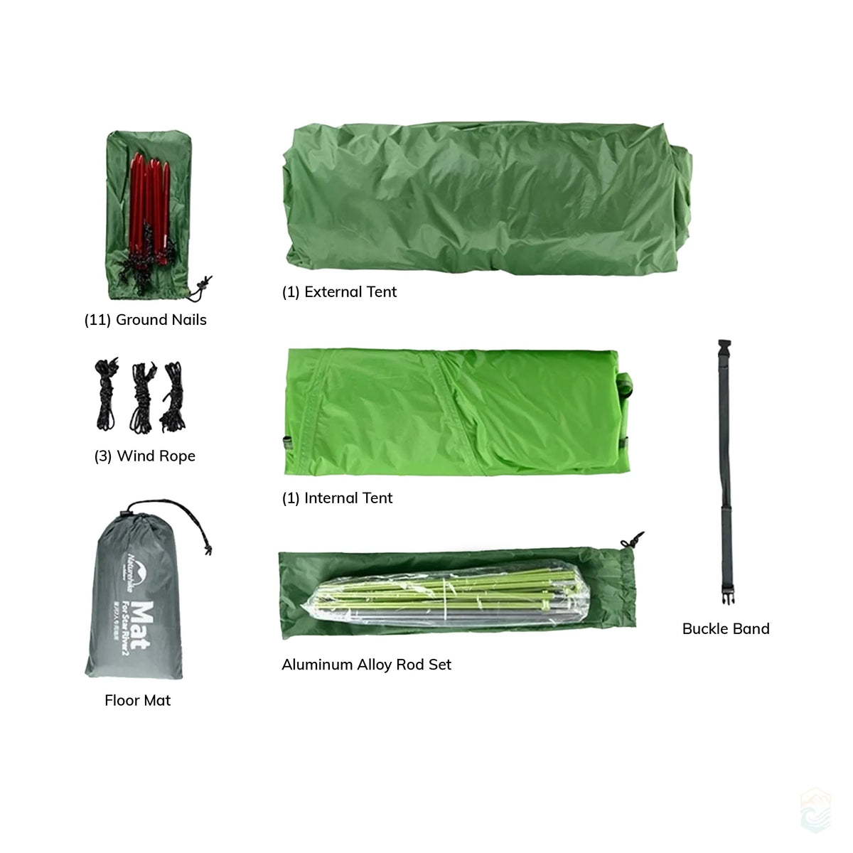 Complete Naturehike Star River 2 tent kit layout including external tent, internal tent, aluminum alloy rods, floor mat, wind ropes, 11 ground nails, and buckle band, shown against a white background