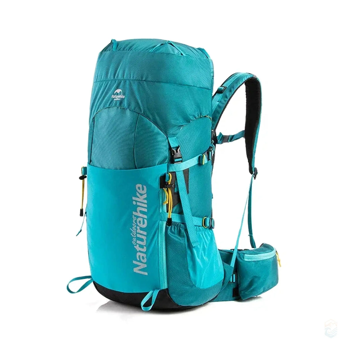 Naturehike Waterproof Hiking Backpack with a 45L capacity in aqua color, featuring multiple straps for secure fit, side pockets, and a spacious main compartment designed for outdoor adventures.