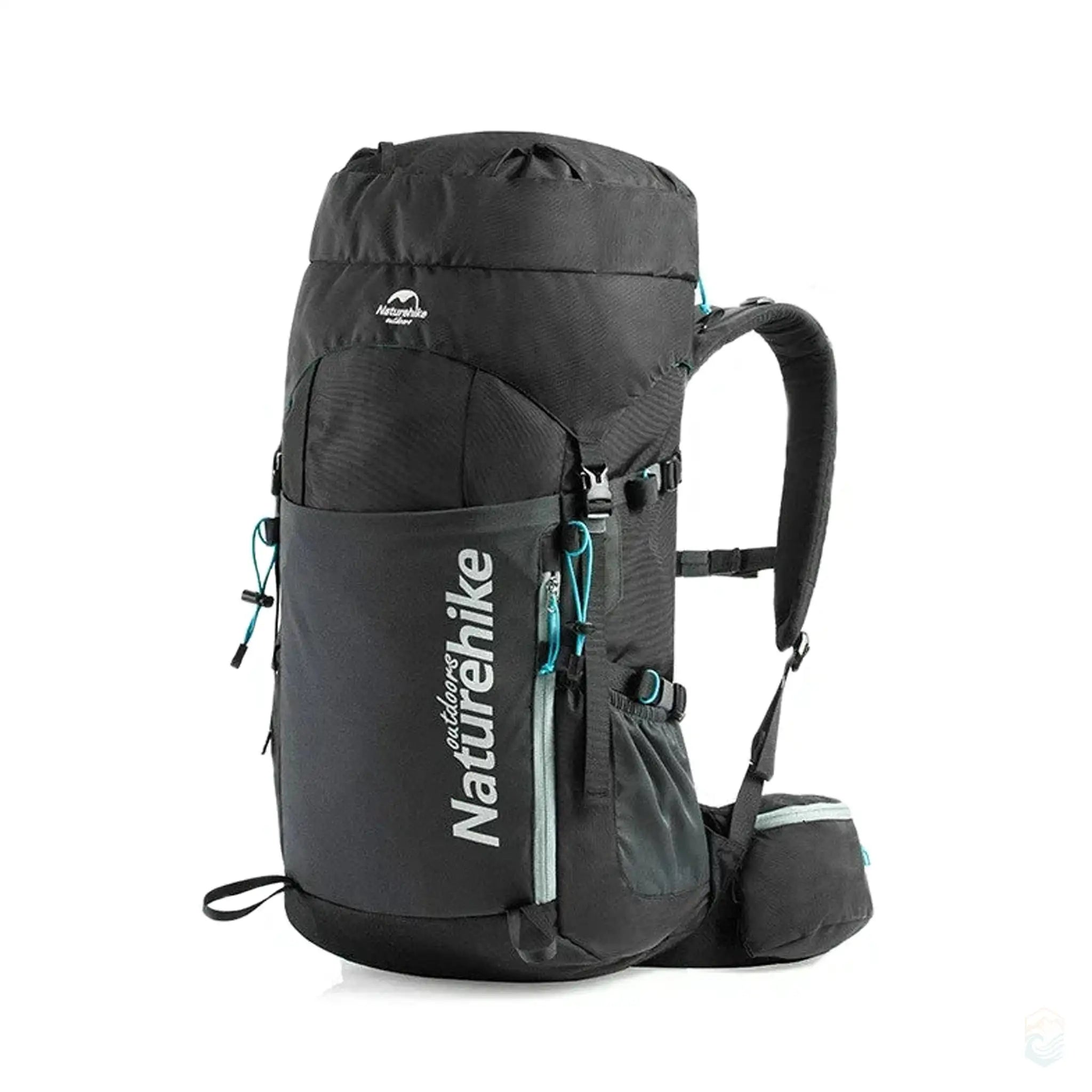 Naturehike Waterproof Hiking Backpack with a 45L capacity in black color, featuring secure straps, side pockets, and a spacious main compartment ideal for outdoor activities and adventures.