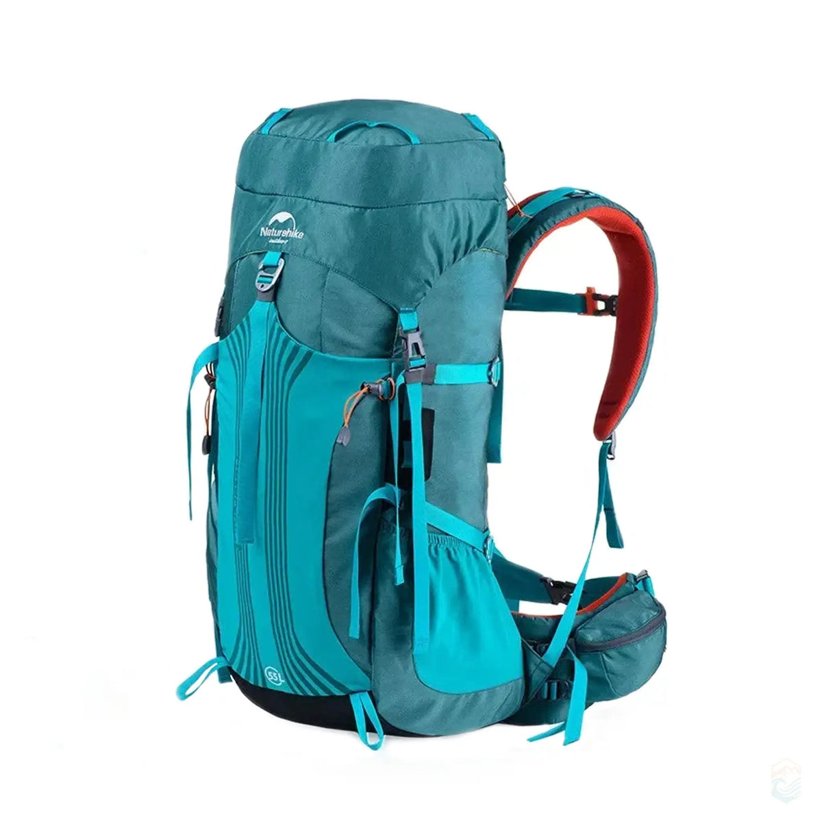 Naturehike Waterproof Hiking Backpack with a 55L capacity in aqua color, designed for extended outdoor adventures, featuring adjustable straps, multiple compartments, and a durable build for hiking and camping.