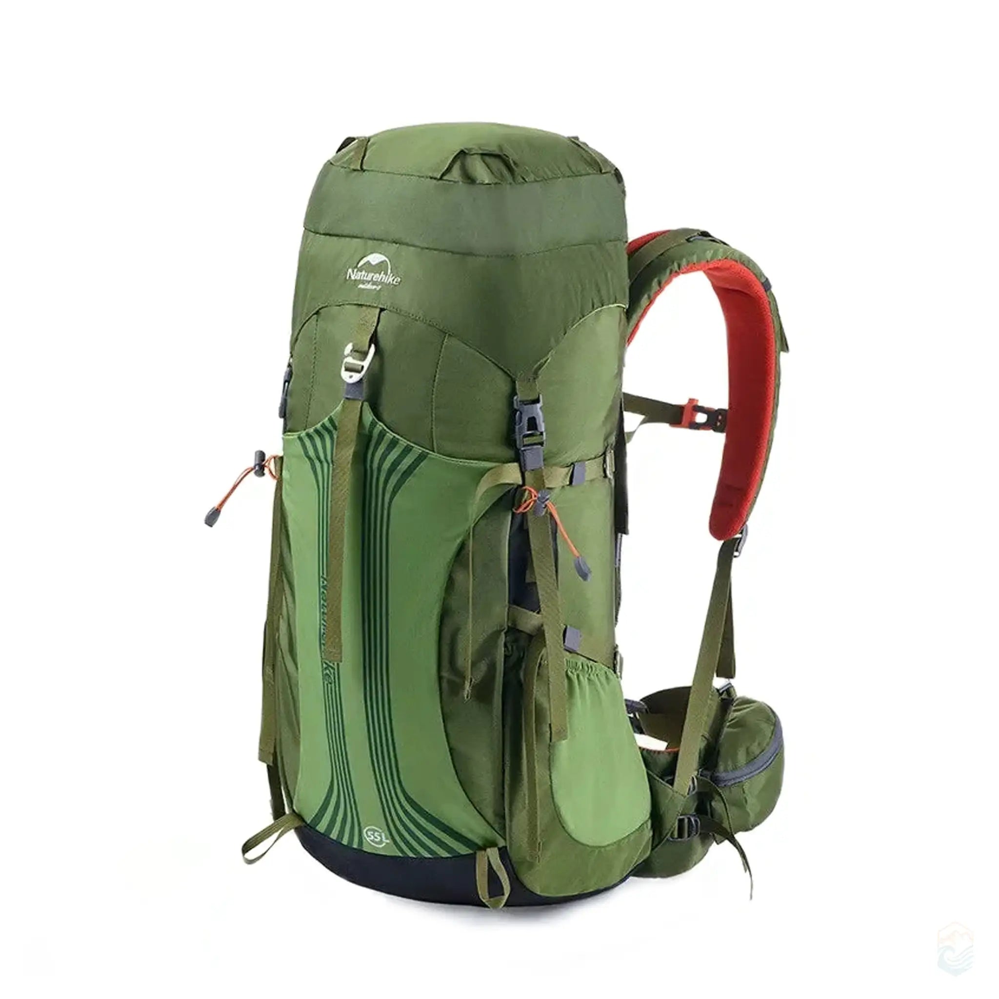 Naturehike Waterproof Hiking Backpack with a 55L capacity in army green color, ideal for long trekking and camping trips, featuring durable materials, adjustable straps, and ample storage compartments.