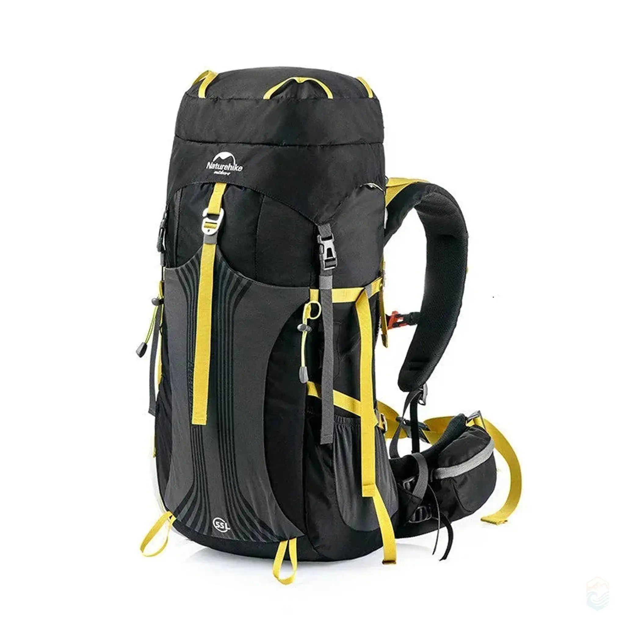 Naturehike Waterproof Hiking Backpack with a 55L capacity in black color, designed for durability and comfort, featuring adjustable straps, multiple compartments, and vibrant yellow accents.