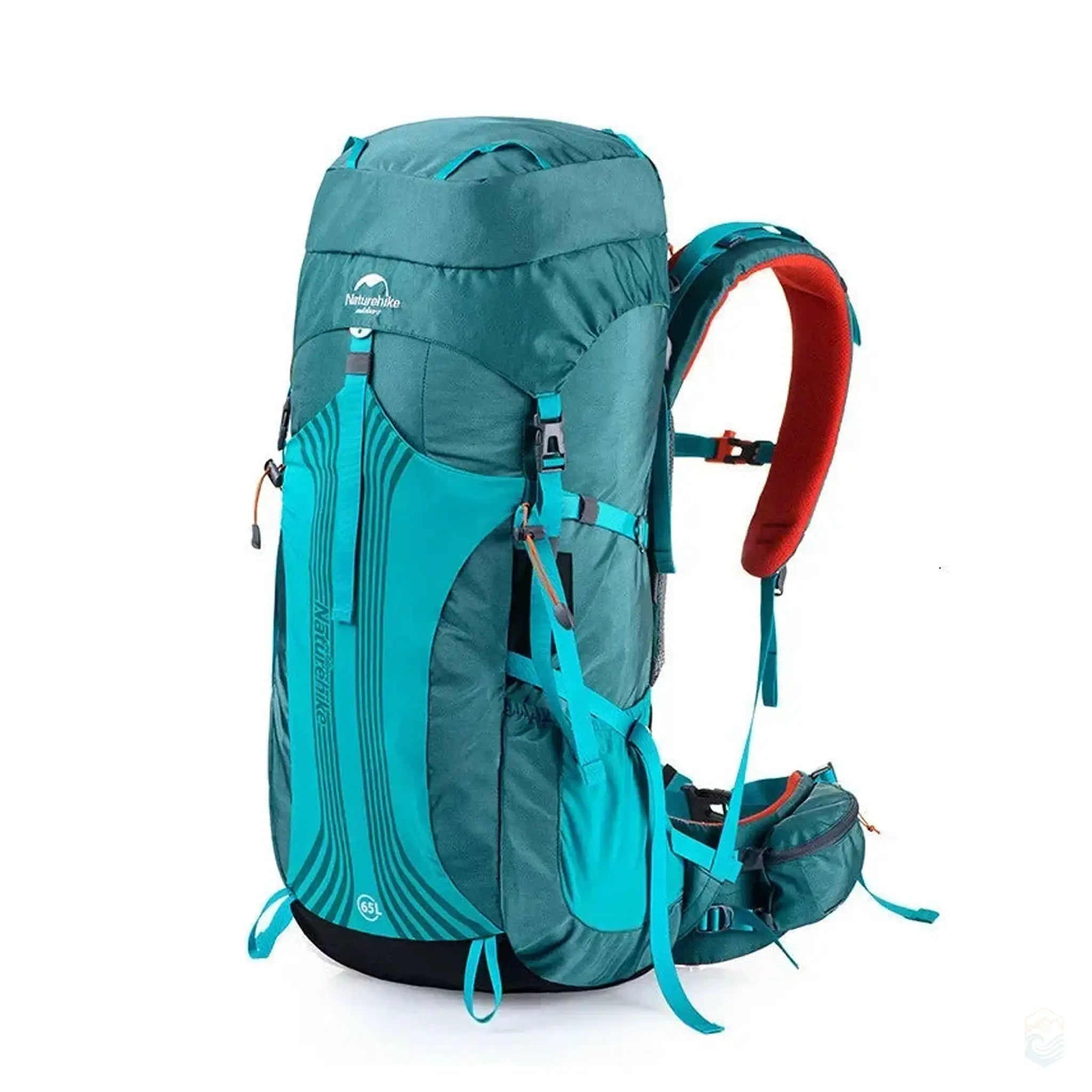 Naturehike Waterproof Hiking Backpack with a 65L capacity in aqua color, designed for long outdoor expeditions, featuring ergonomic straps, multiple storage options, and a vibrant design.