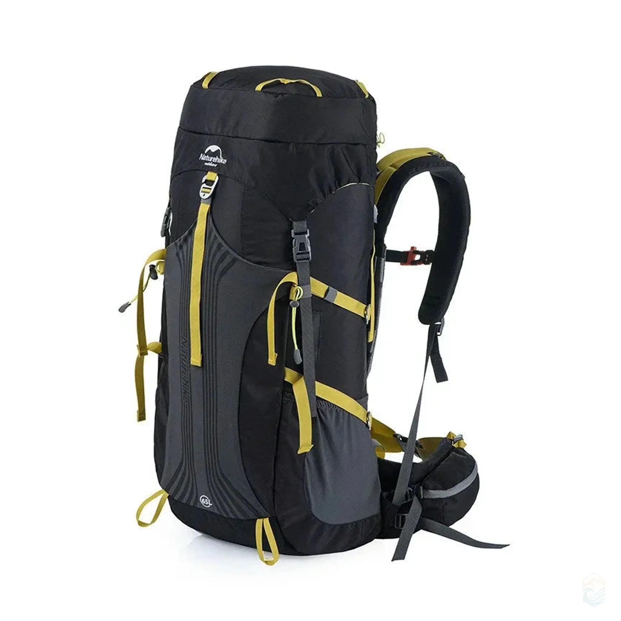 Naturehike Waterproof Hiking Backpack with a 65L capacity in black and yellow color, perfect for outdoor expeditions, featuring a robust build, ample storage compartments, and a comfortable, ergonomic fit.