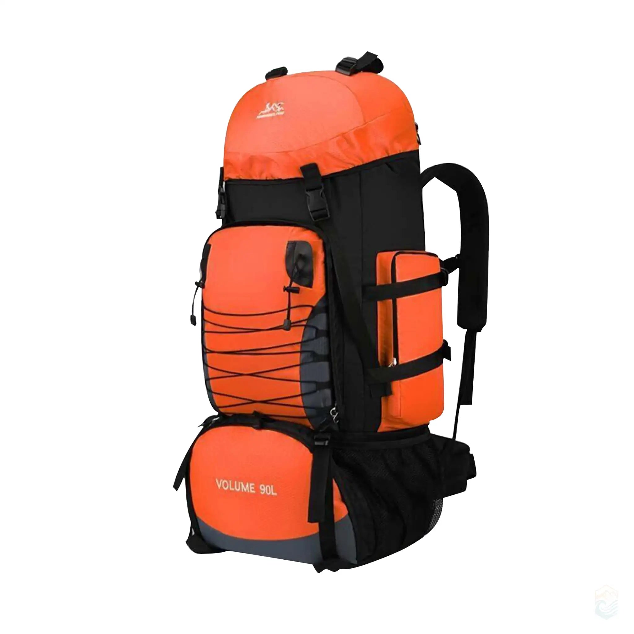 Bright orange 90L tactical camping backpack designed with multiple compartments, tactical straps, and reinforced zippers, ideal for carrying gear on extended outdoor adventures.