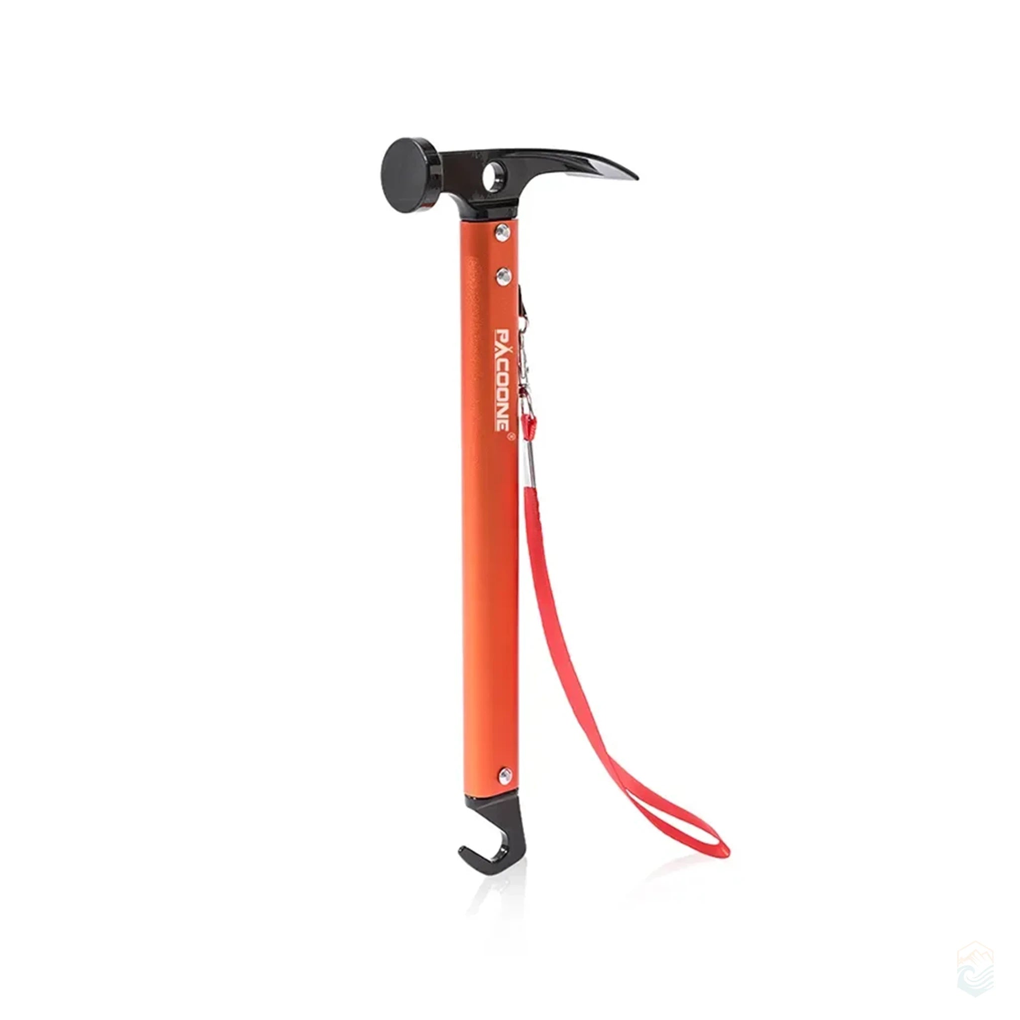 Orange Pacoone outdoor hammer multi-tool with black claw head, integrated tent stake puller, and red wrist loop for hiking and camping use