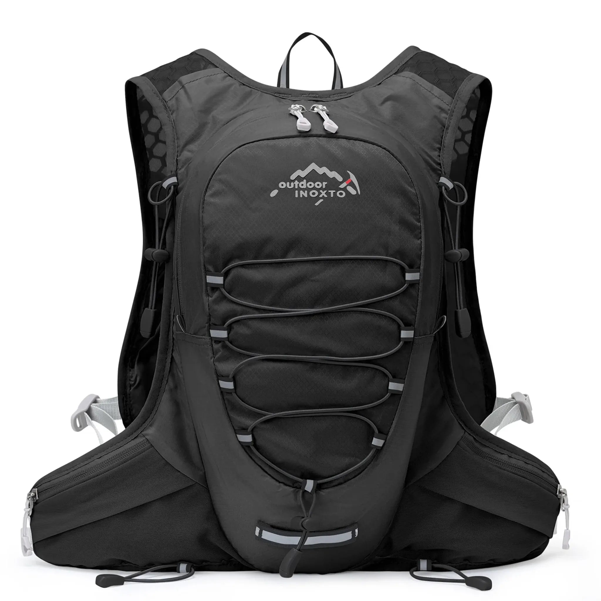 Front view of the black Outdoor INOXTO 12L lightweight hiking backpack with front bungee storage, breathable shoulder straps, adjustable waist belt, and multiple gear compartments.