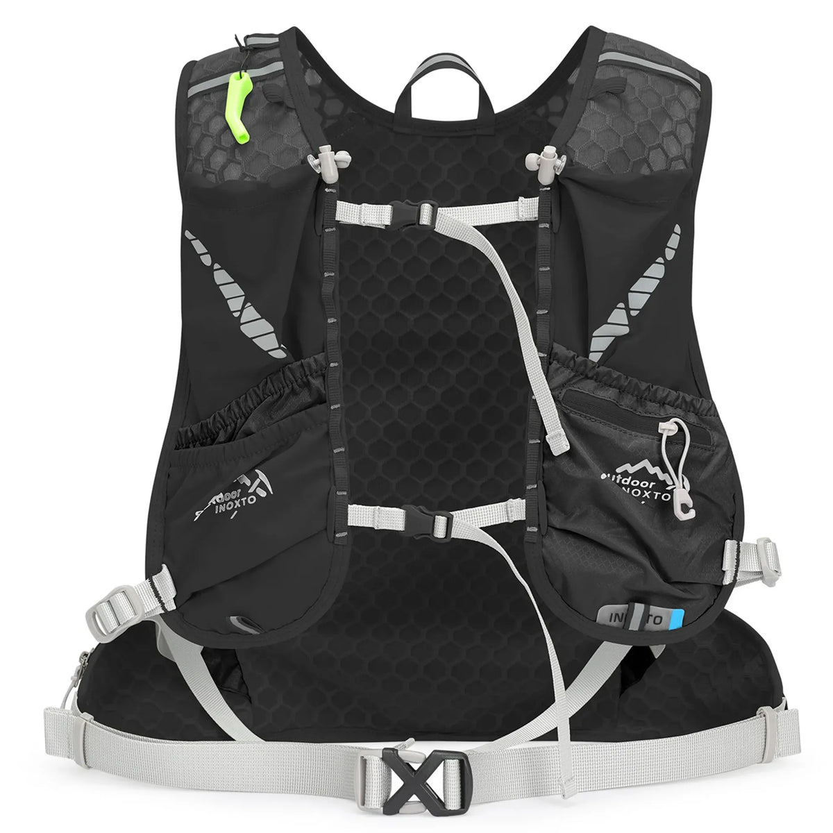 Front view of the black Outdoor INOXTO 12L hiking backpack harness with breathable mesh panels, dual adjustable sternum straps, zippered storage pocket, and quick-access chest pockets.