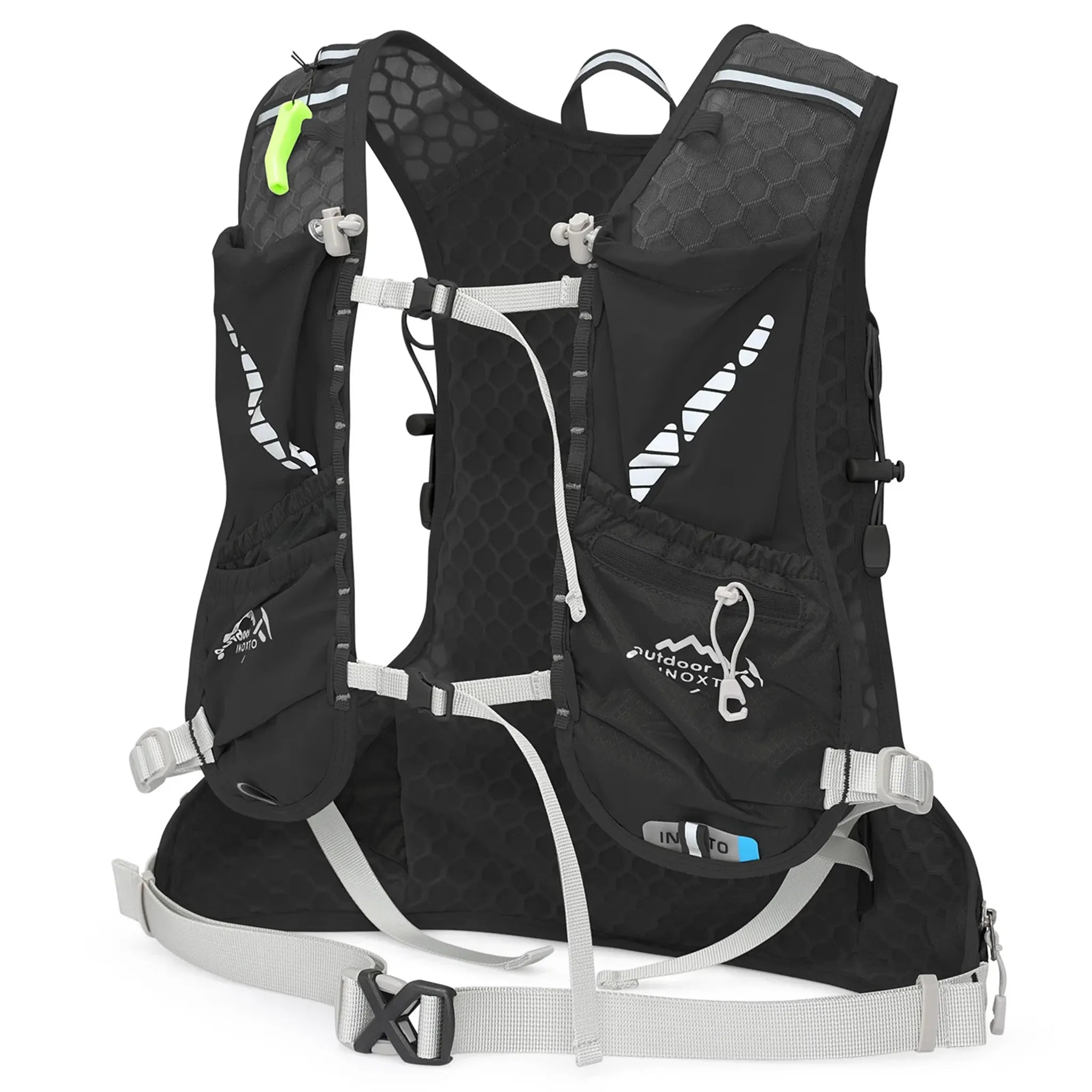Front harness view of the black Outdoor INOXTO 12L hiking backpack with breathable mesh shoulder straps, adjustable sternum straps, zippered storage pockets, and running vest design.