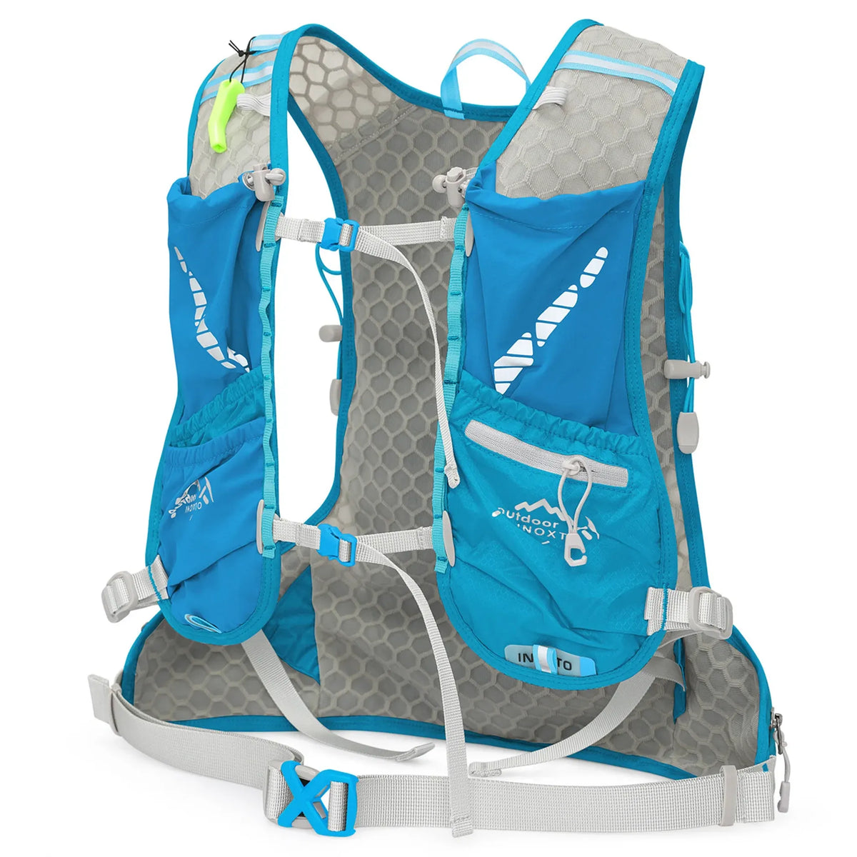Angled front view of the blue Outdoor INOXTO 12L hiking backpack harness with breathable honeycomb mesh, adjustable sternum straps, zippered chest pocket, stretch storage pockets, safety whistle, and padded waist belt.