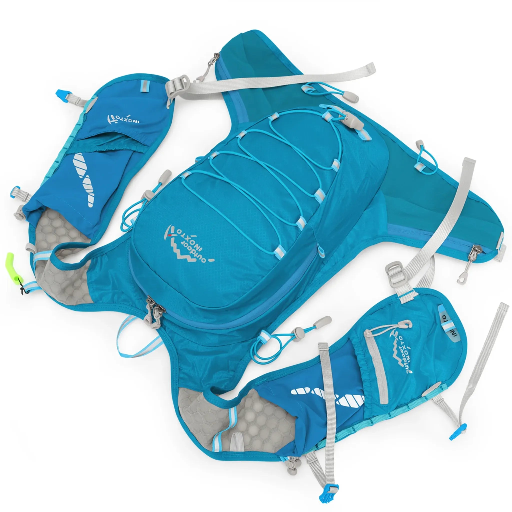 Top-down view of the blue Outdoor INOXTO 12L hiking backpack displaying the vest harness, main storage compartment, adjustable straps, waist belt pockets, and front organization layout.