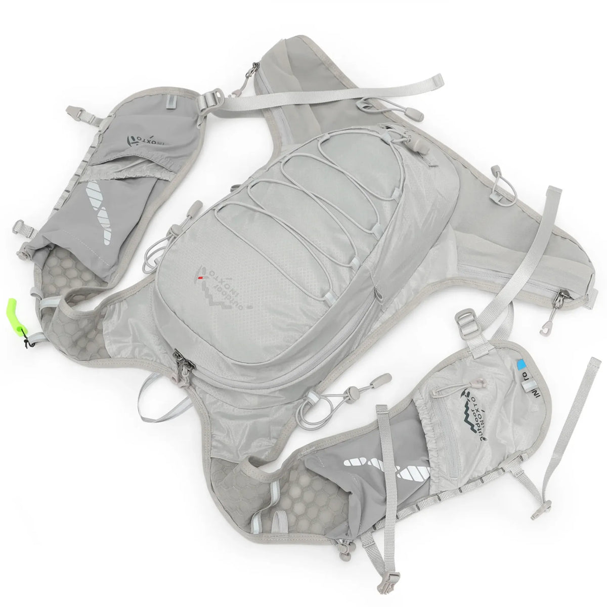 Outdoor INOXTO 12L grey hiking backpack with detachable running vest harness and removable front storage pockets displayed on a white background.