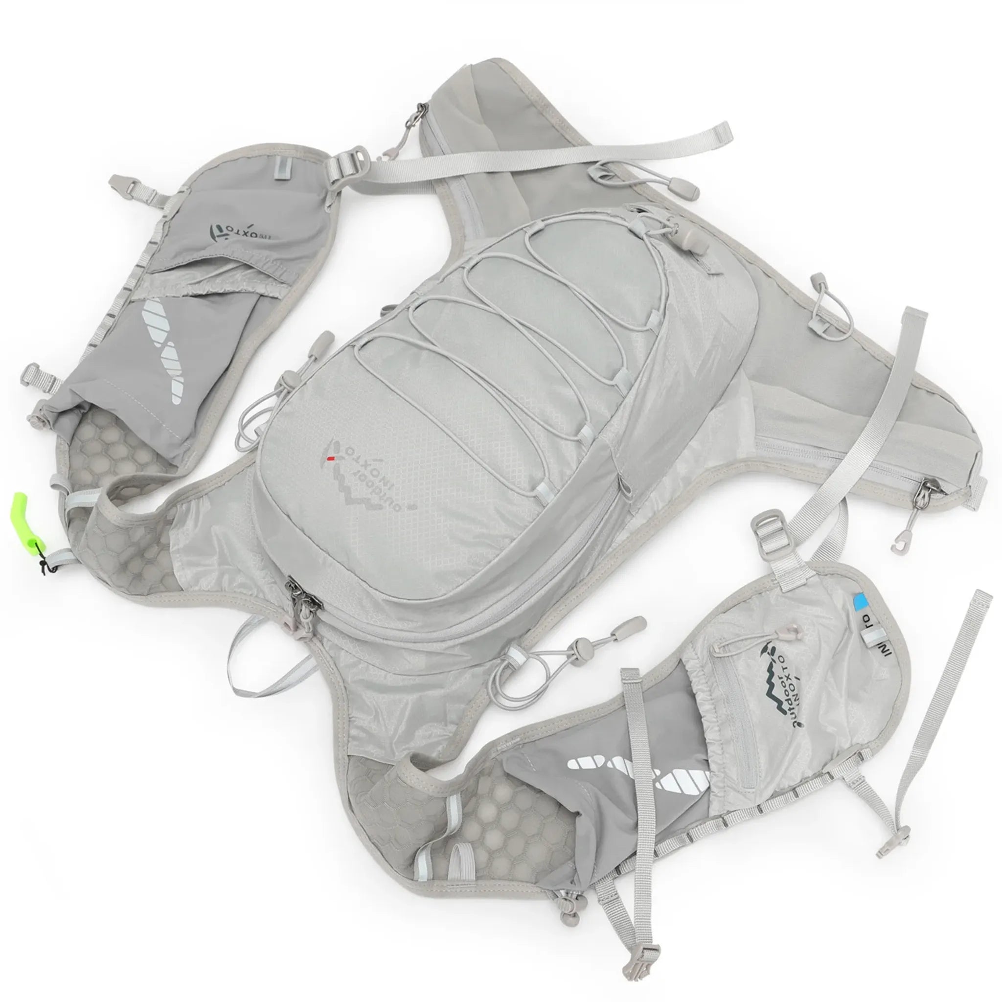 Outdoor INOXTO 12L grey hiking backpack with detachable running vest harness and removable front storage pockets displayed on a white background.