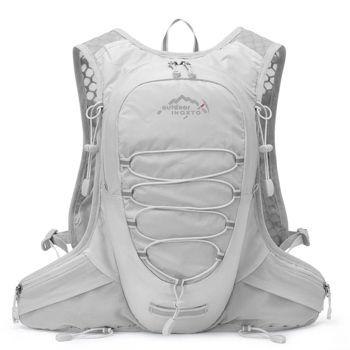 Front view of the grey Outdoor INOXTO 12L lightweight hiking backpack with front bungee storage, breathable shoulder straps, adjustable waist belt, and multiple gear compartments.