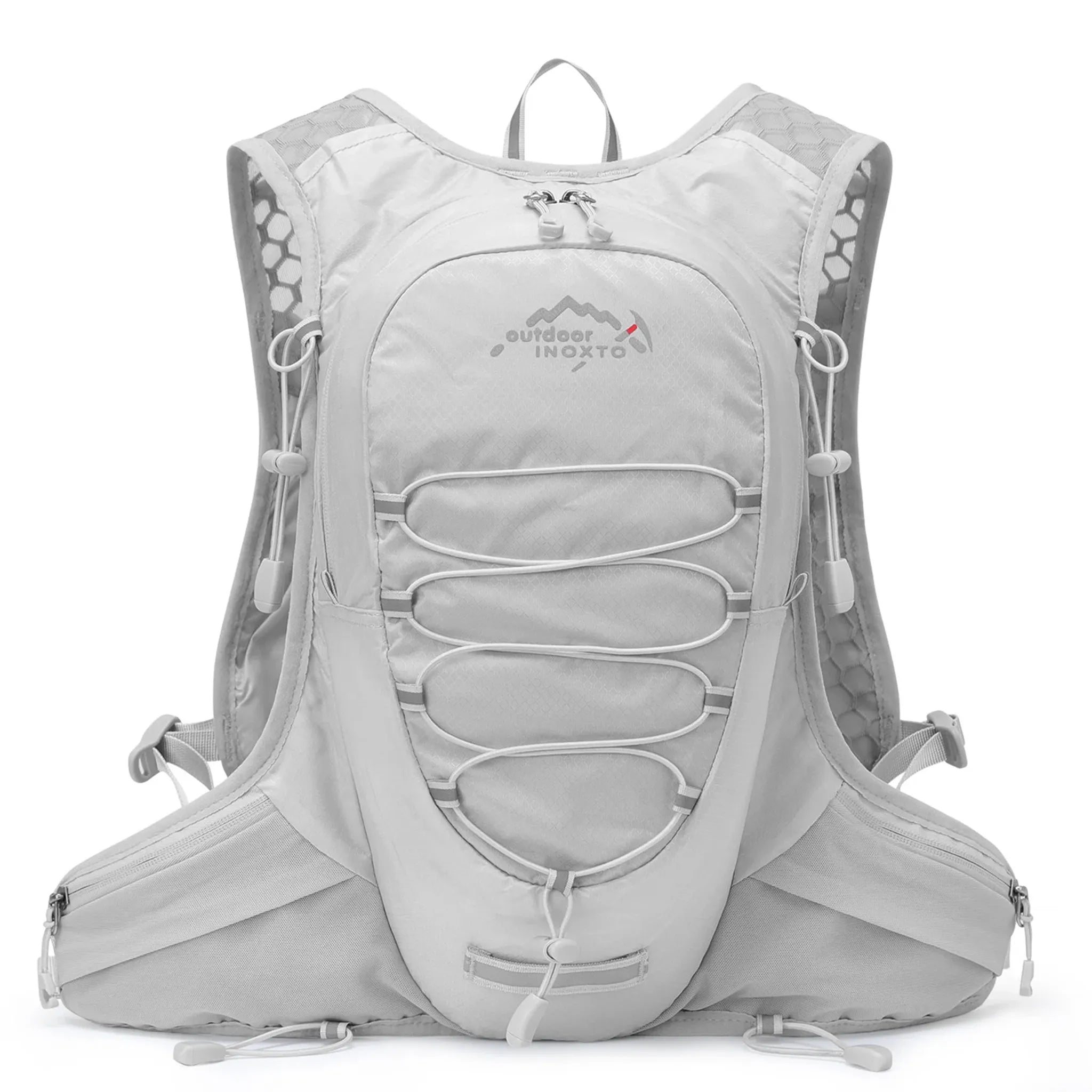 Front view of the grey Outdoor INOXTO 12L lightweight hiking backpack with front bungee storage, breathable shoulder straps, adjustable waist belt, and multiple gear compartments.